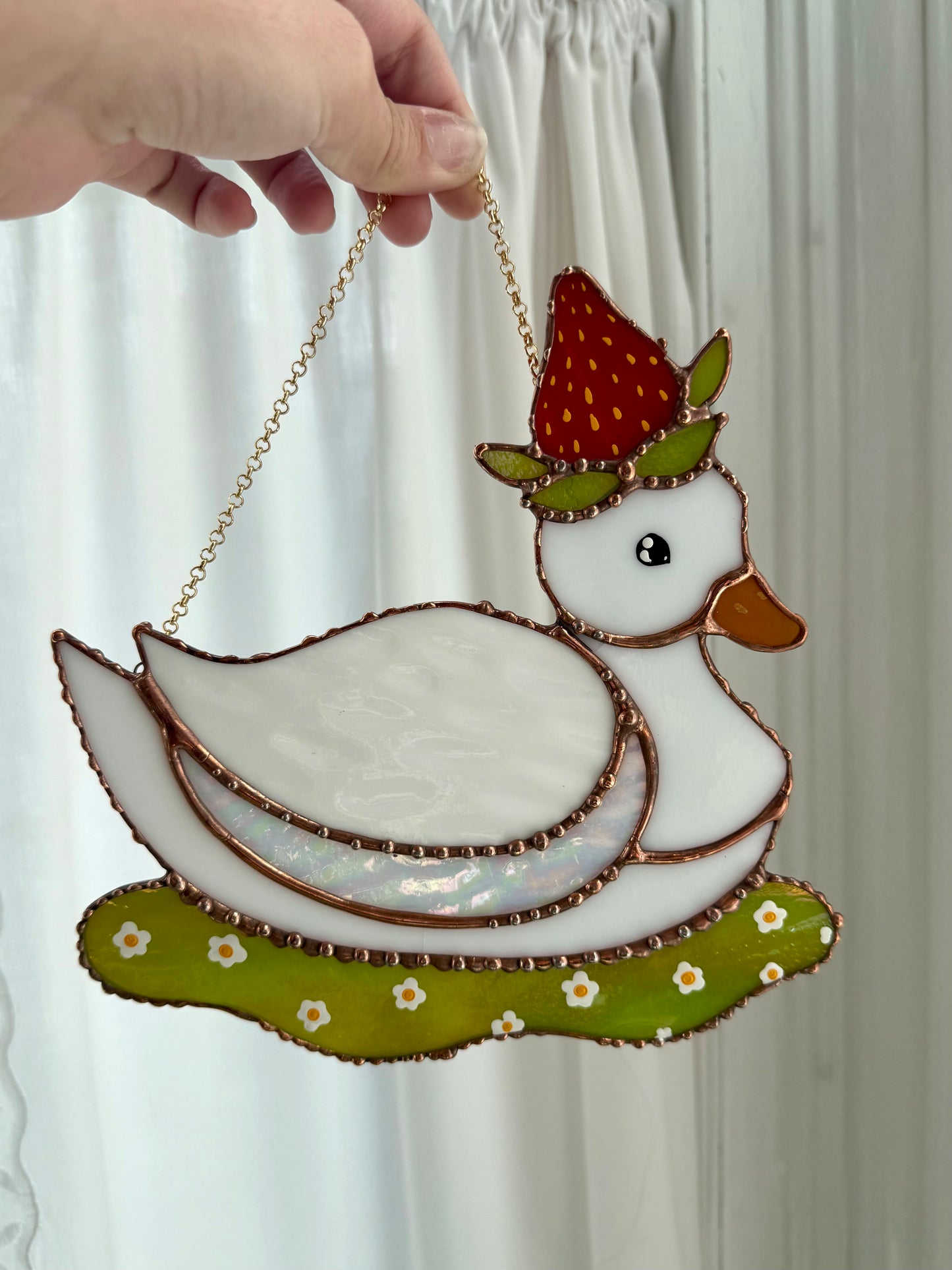 (Cracked) Iridescent Strawberry Duck Stained Glass Suncatcher