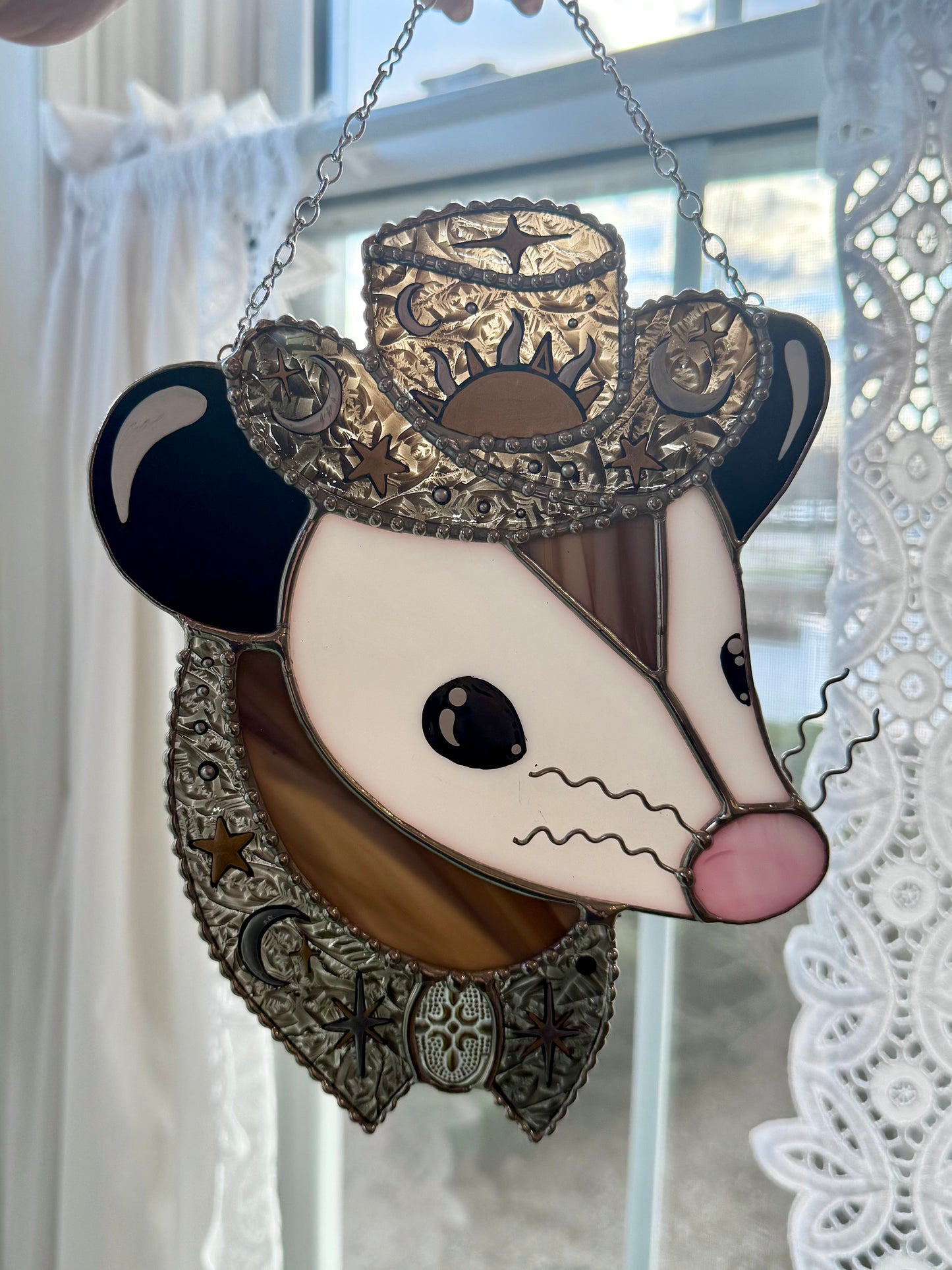 Mixed Metal Celestial Opossum Stained Glass Suncatcher
