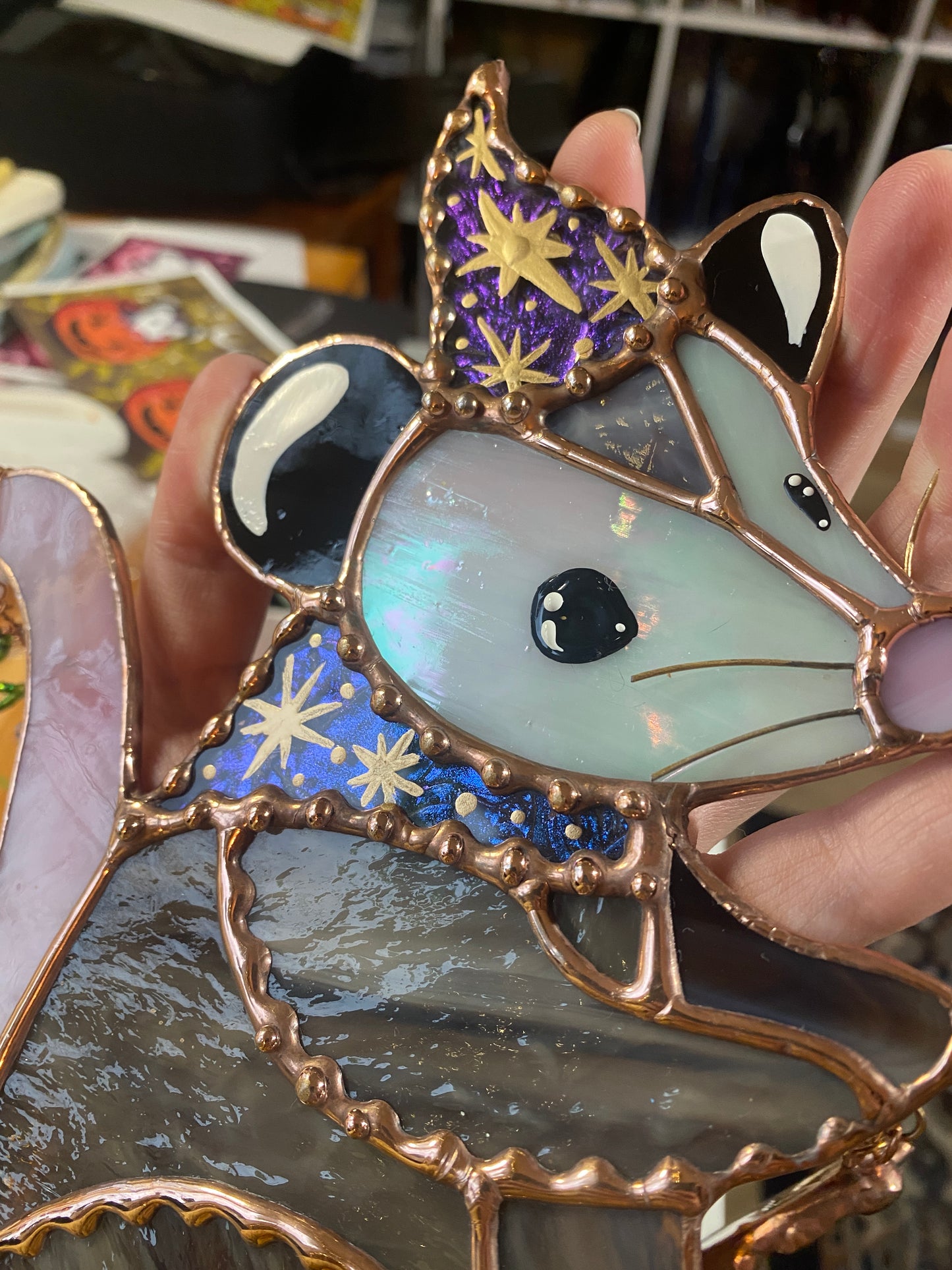 Winter Wizard Opossum Stained Glass Suncatcher