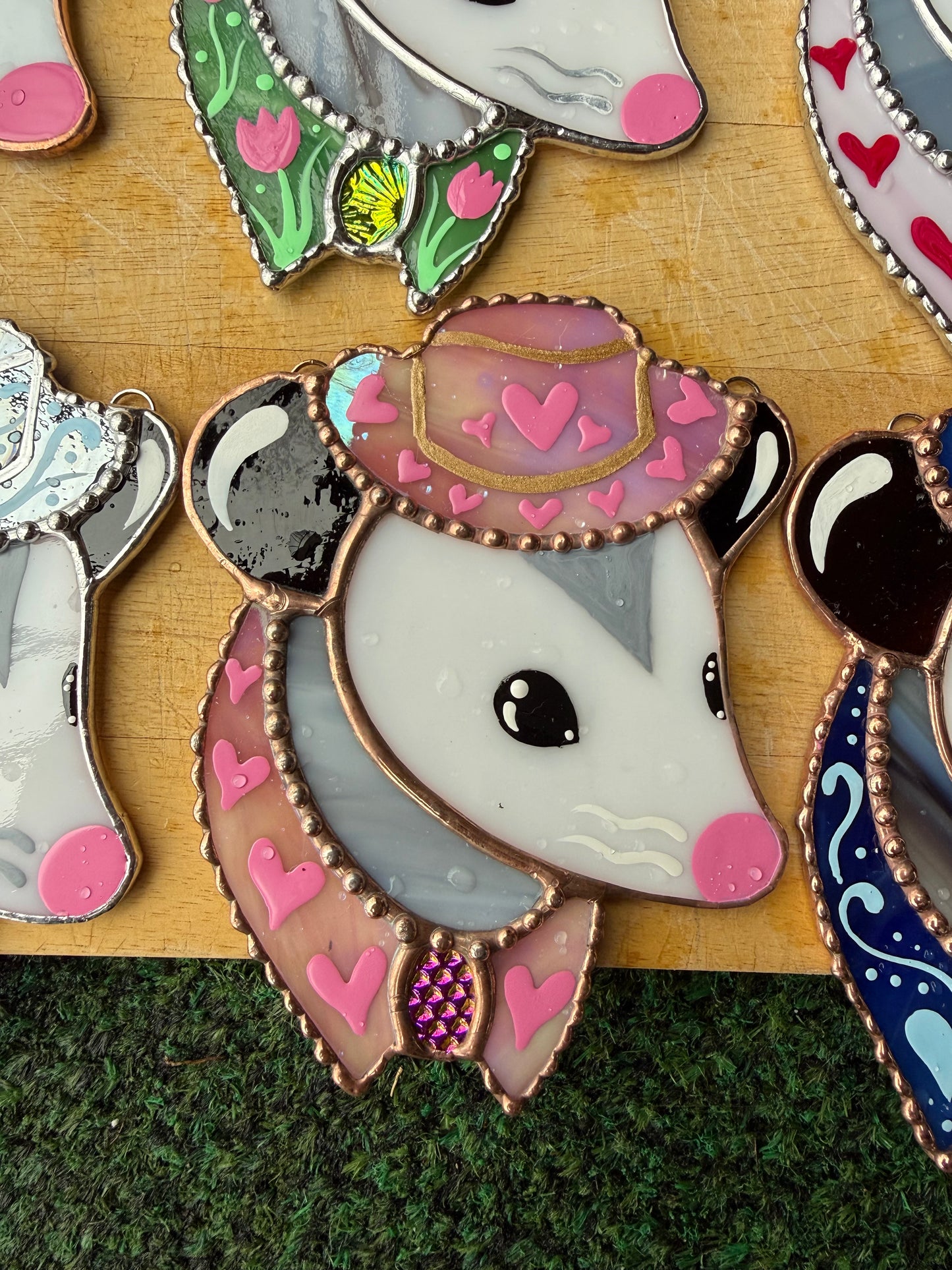 Iridescent Pink Heart Cowboy Opossum Mini Stained Glass Suncatcher