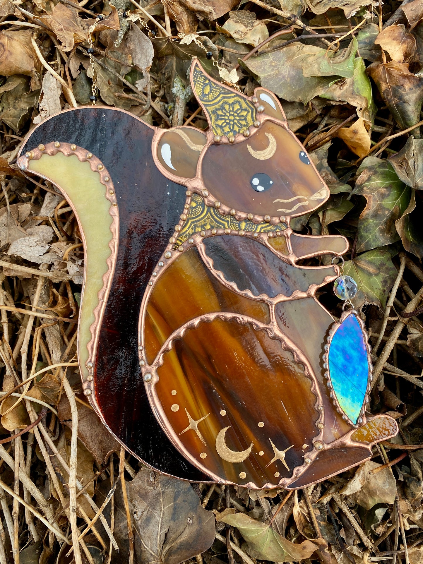 Golden Squirrel Wizard Stained Glass Suncatcher