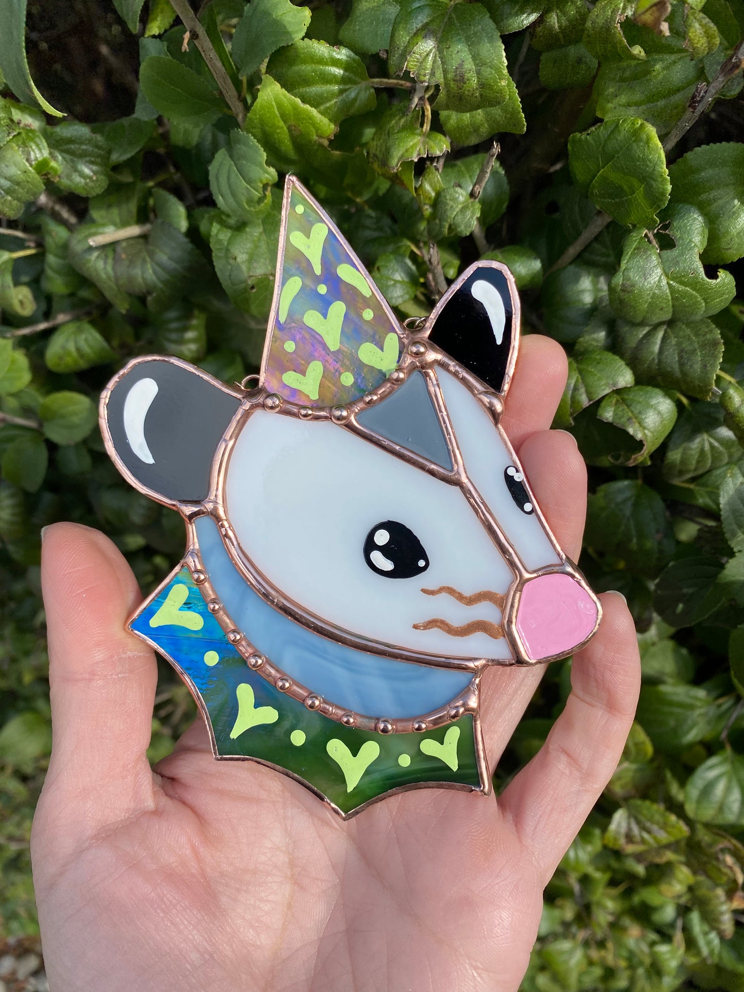 Green Iridescent Heart Opossum Stained Glass Ornament