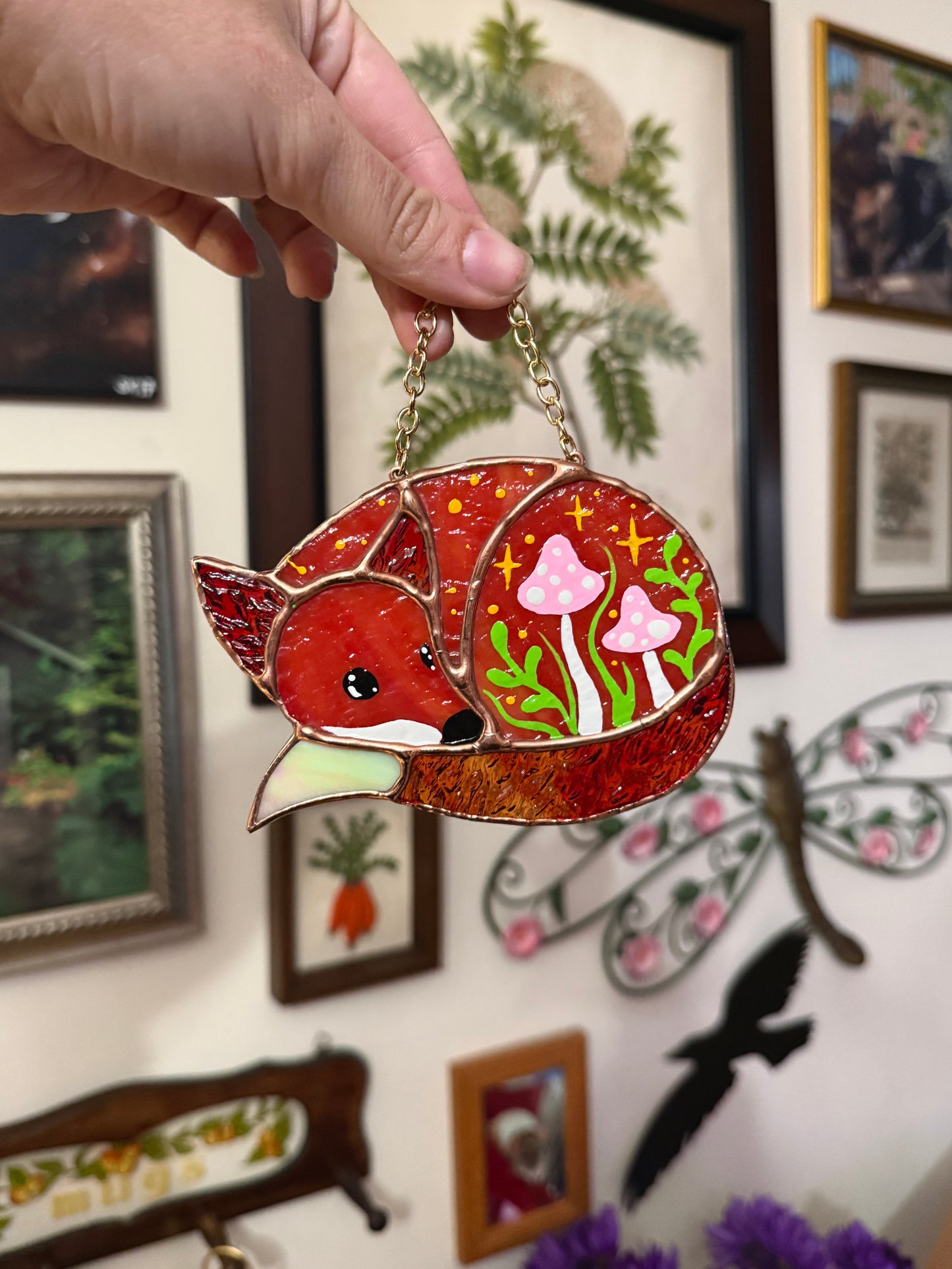 Mini Mushroom Fox Stained Glass Suncatcher