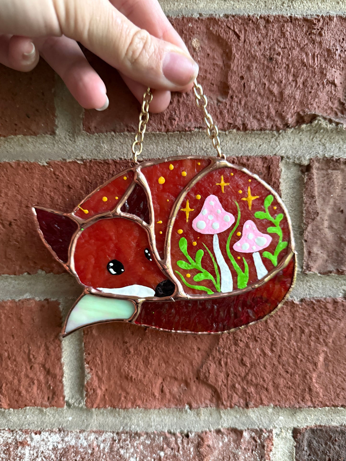 Mini Mushroom Fox Stained Glass Suncatcher