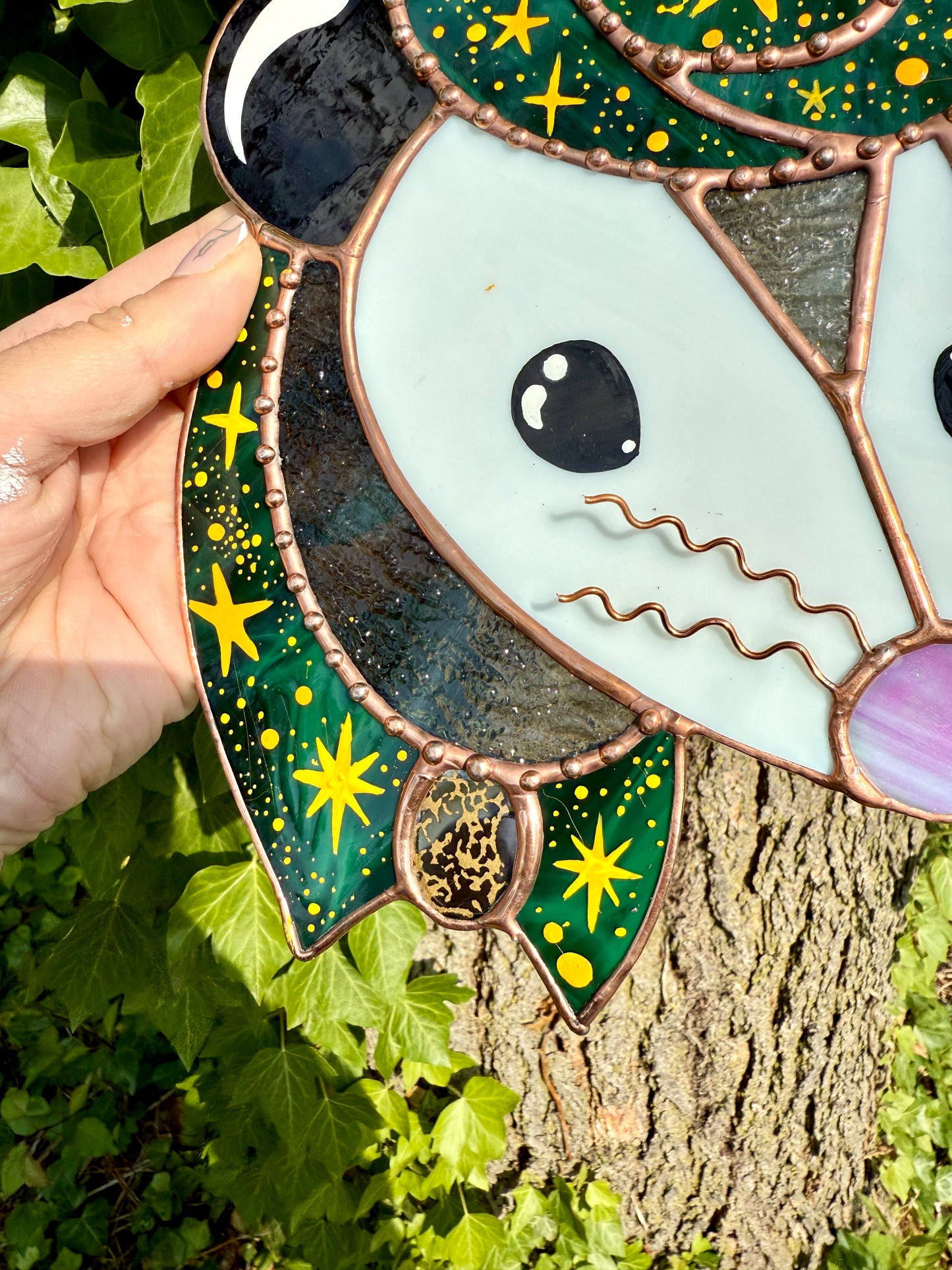 Green Whimsy Star Cowboy Opossum Stained Glass Suncatcher