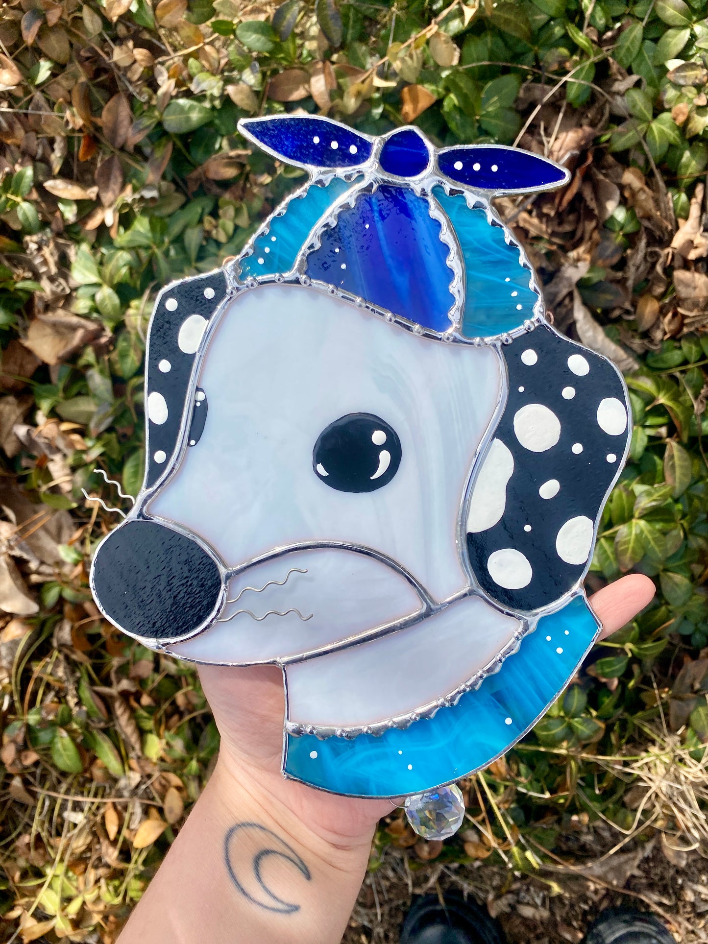 Blue Helicopter Hat Dog Stained Glass Suncatcher