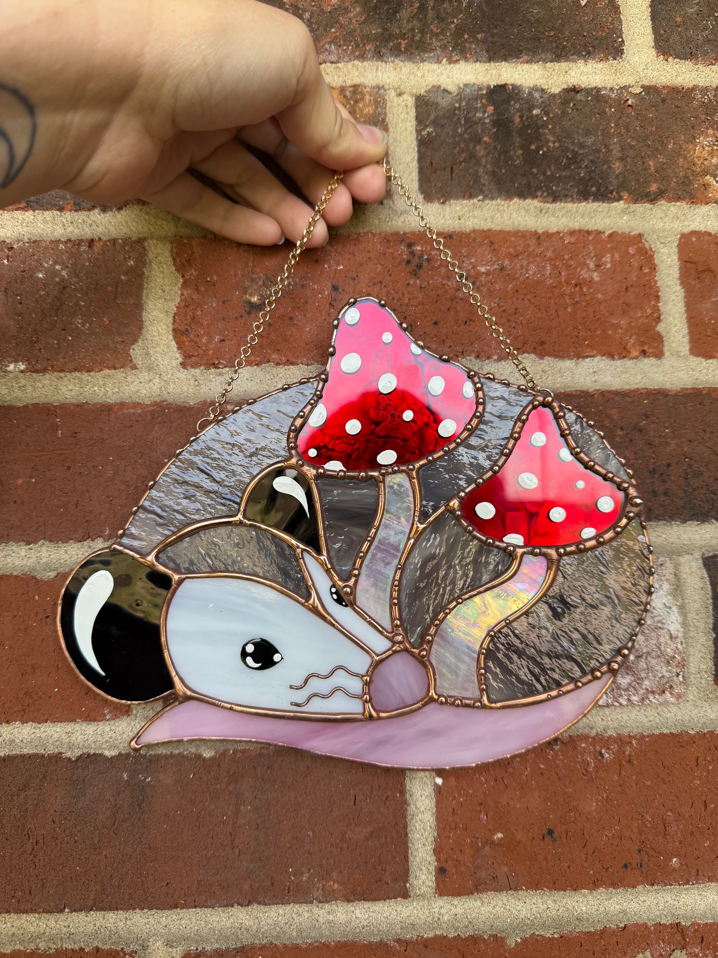 Mushroom Opossum Stained Glass Suncatcher