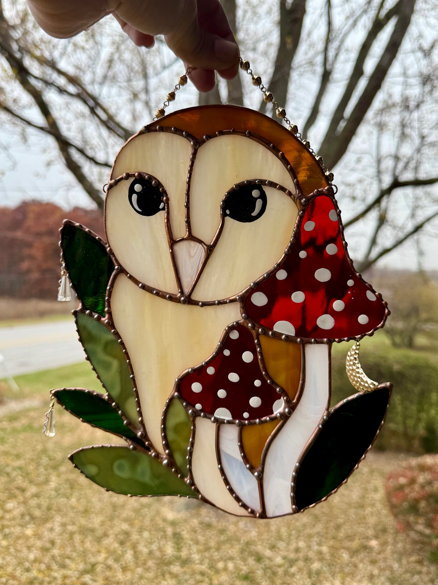 Red Mushroom Owl Stained Glass Suncatcher