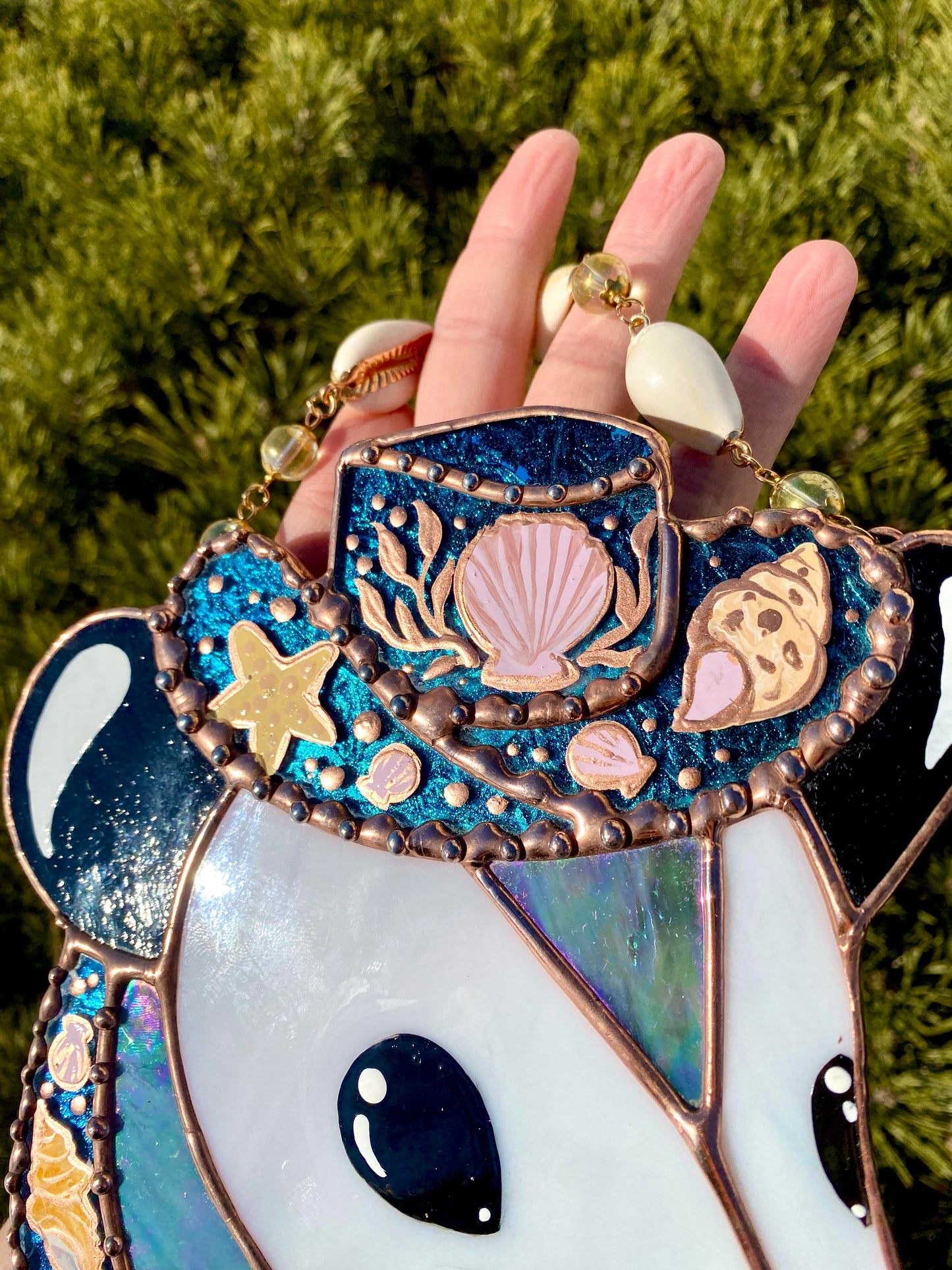 Mermaid Cowboy Opossum Stained Glass Suncatcher
