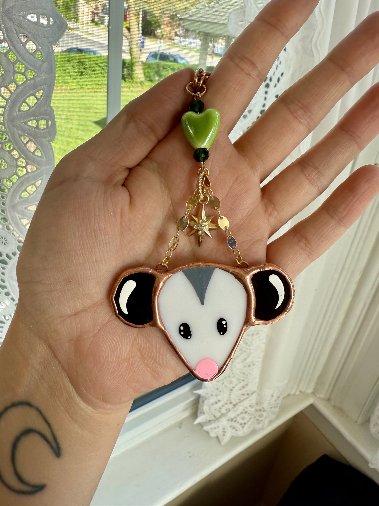 Green Heart Opossum Stained Glass Car Charm