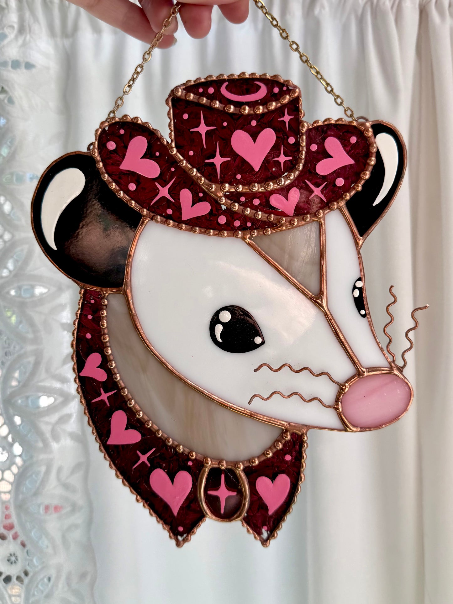 Pink Pony Opossum Stained Glass Suncatcher