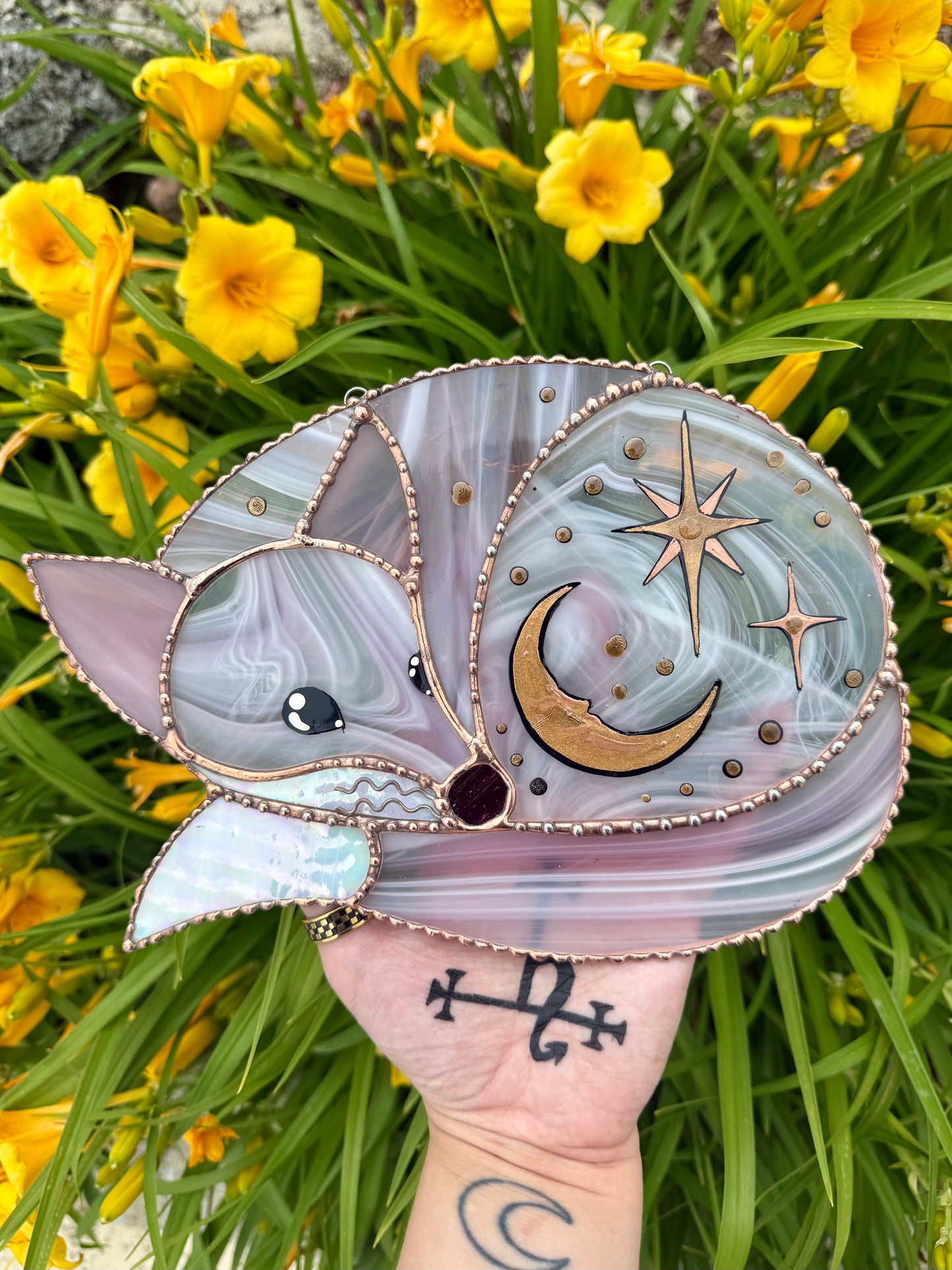 Large Celestial Pink Fox Stained Glass Suncatcher