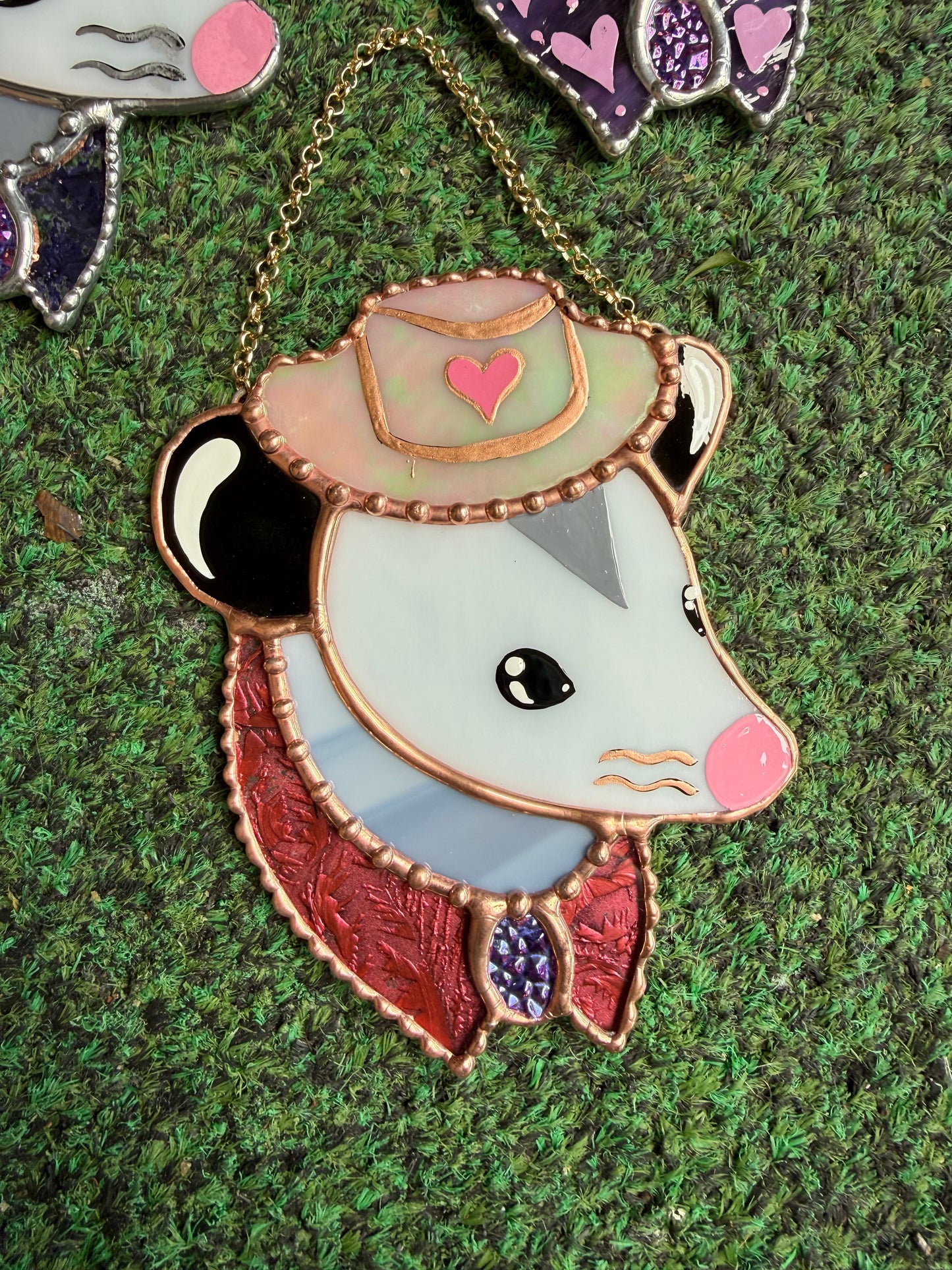 Mini Pink Cowboy Opossum Stained Glass Suncatcher