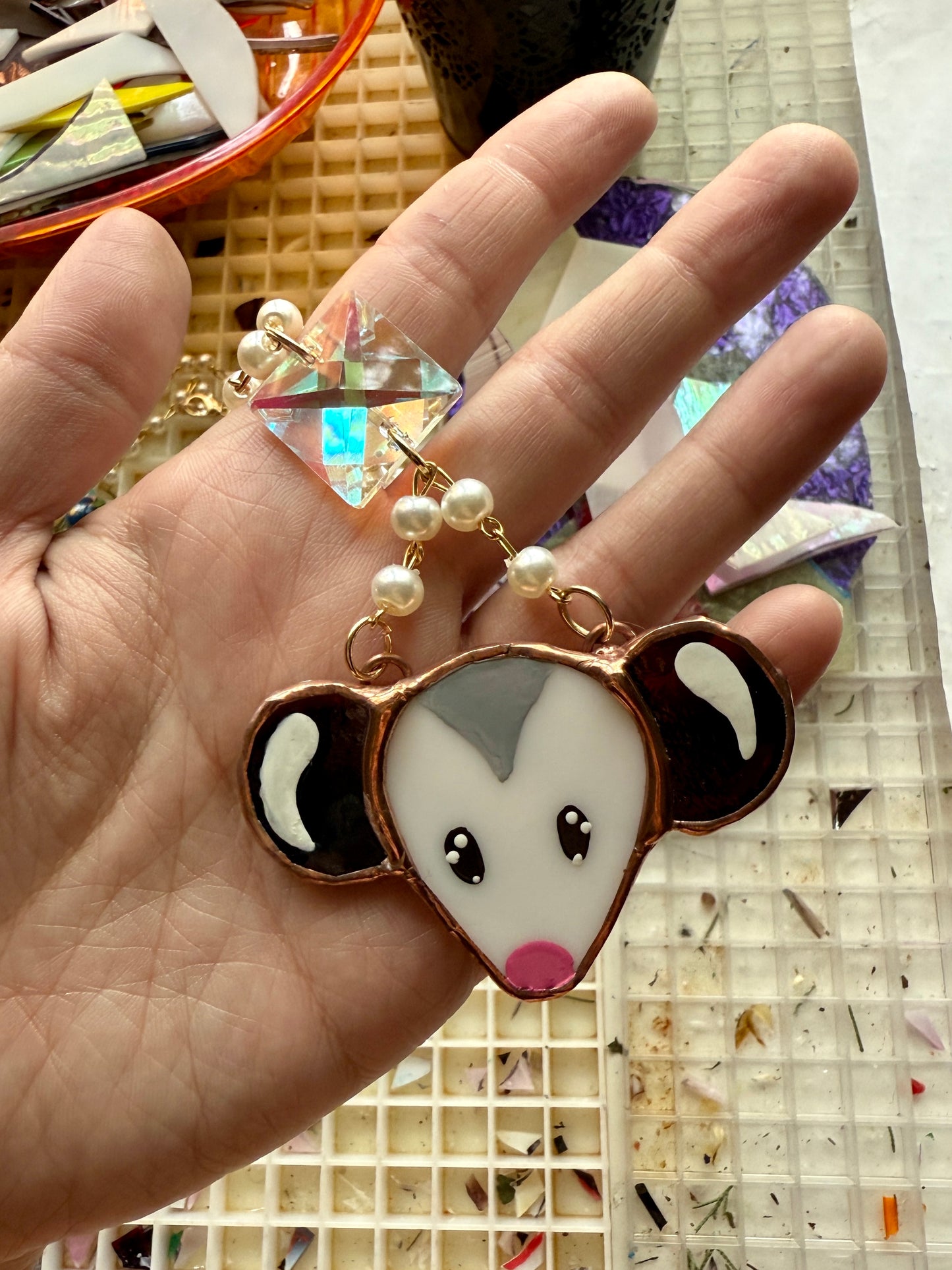 Pearl and Jewel Opossum Stained Glass Charm