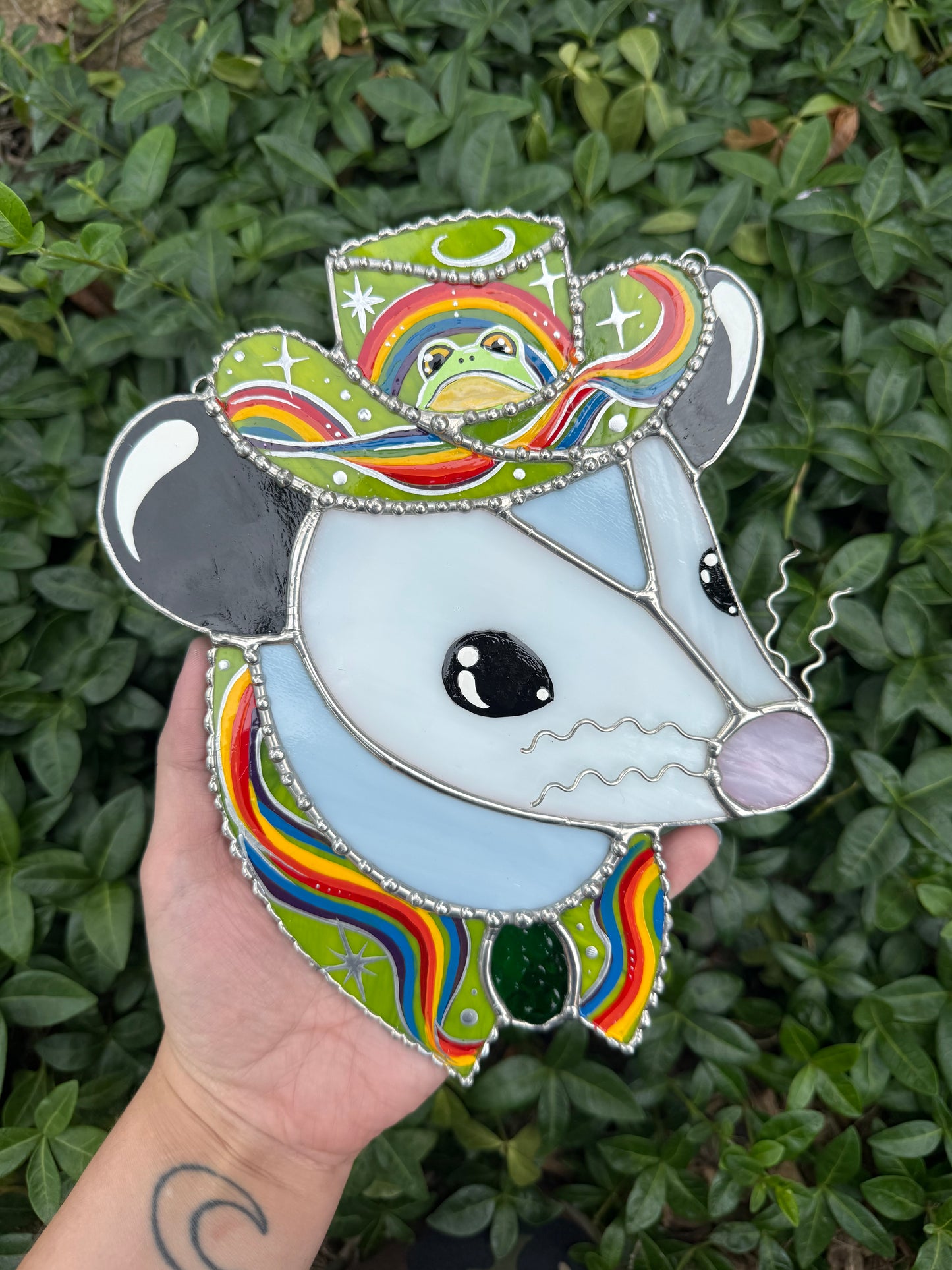 Pride Frog Cowboy Opossum Stained Glass Suncatcher