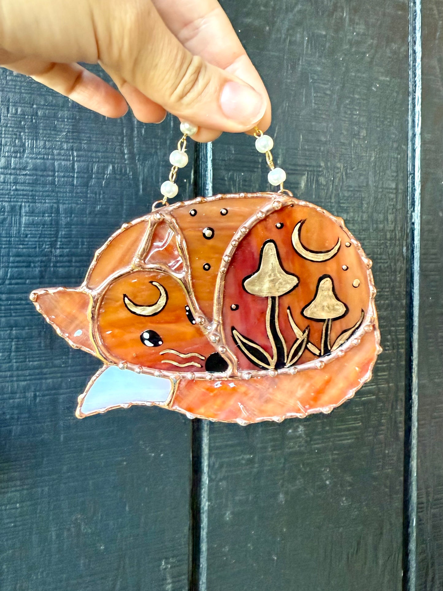 Red Mushroom Fox Stained Glass Ornament