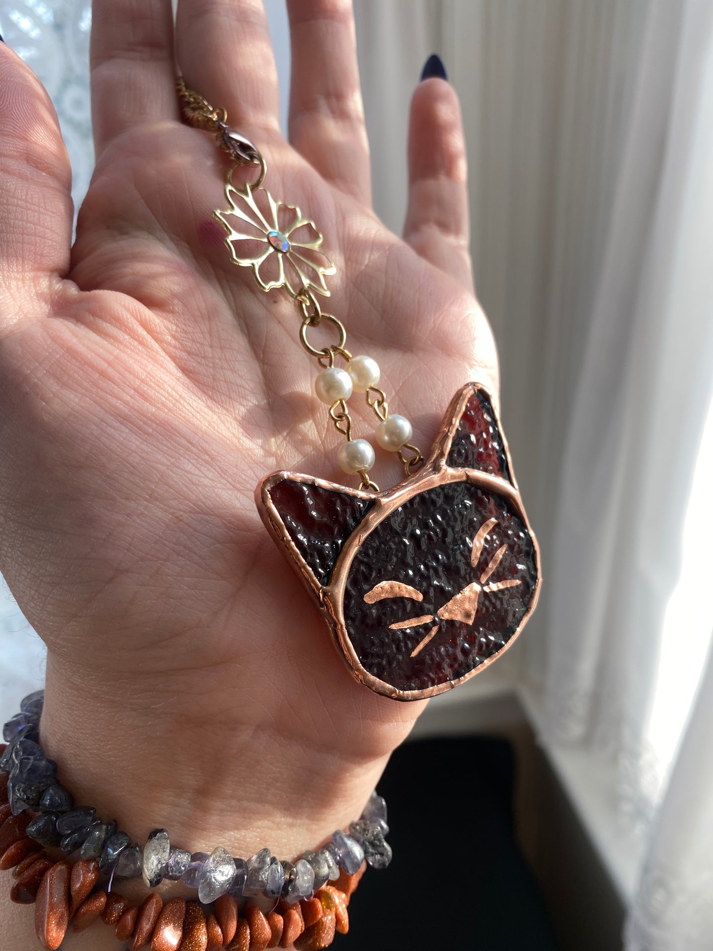 Brown Cat Stained Glass Charm