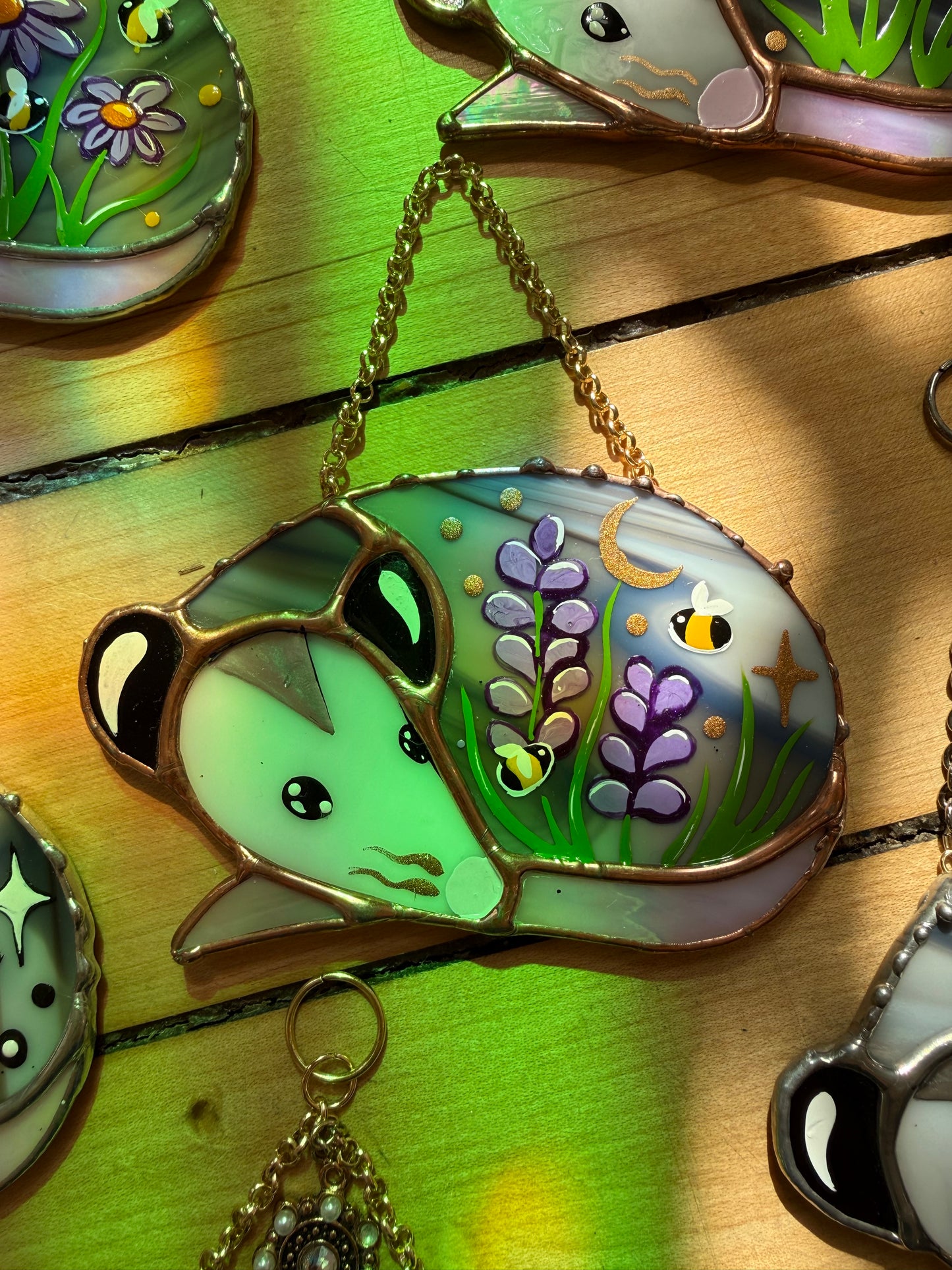 Sleepy Lavender Opossum Stained Glass Mini