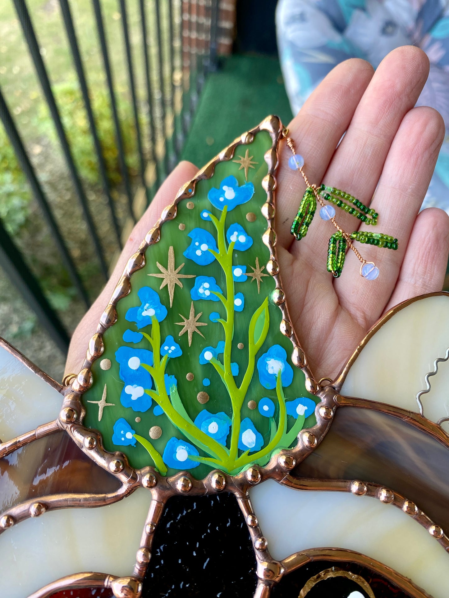 Blue Flower Wizard Raccoon Stained Glass Suncatcher