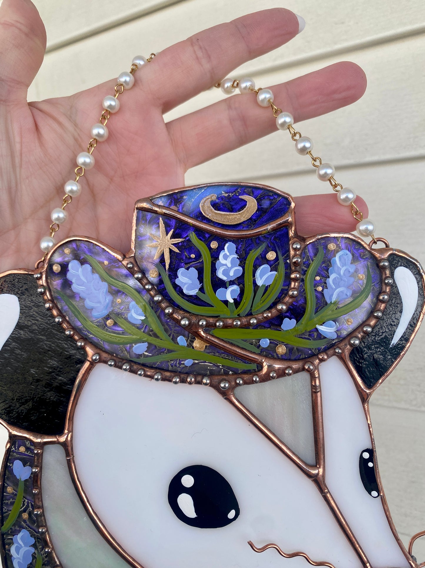 Lavender Cowboy Opossum Stained Glass Suncatcher