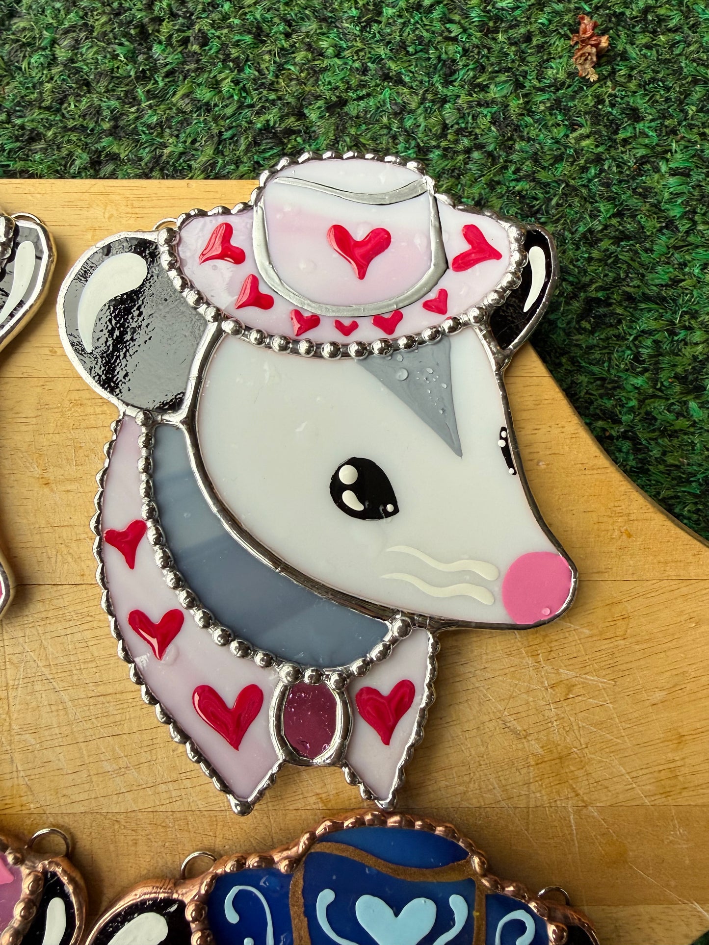Baby Pink Heart Cowboy Opossum Mini Stained Glass Suncatcher