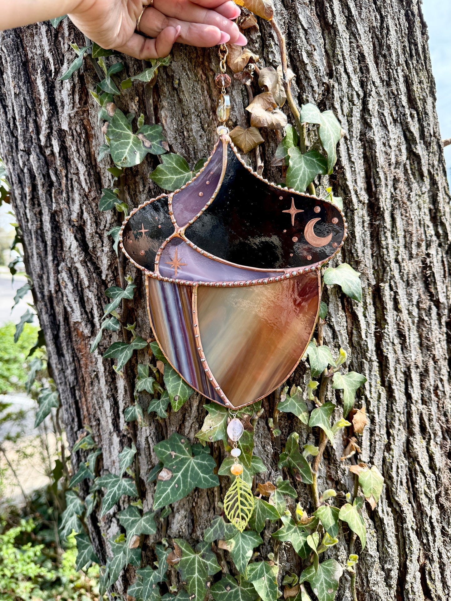 Golden Acorn Stained Glass Suncatcher
