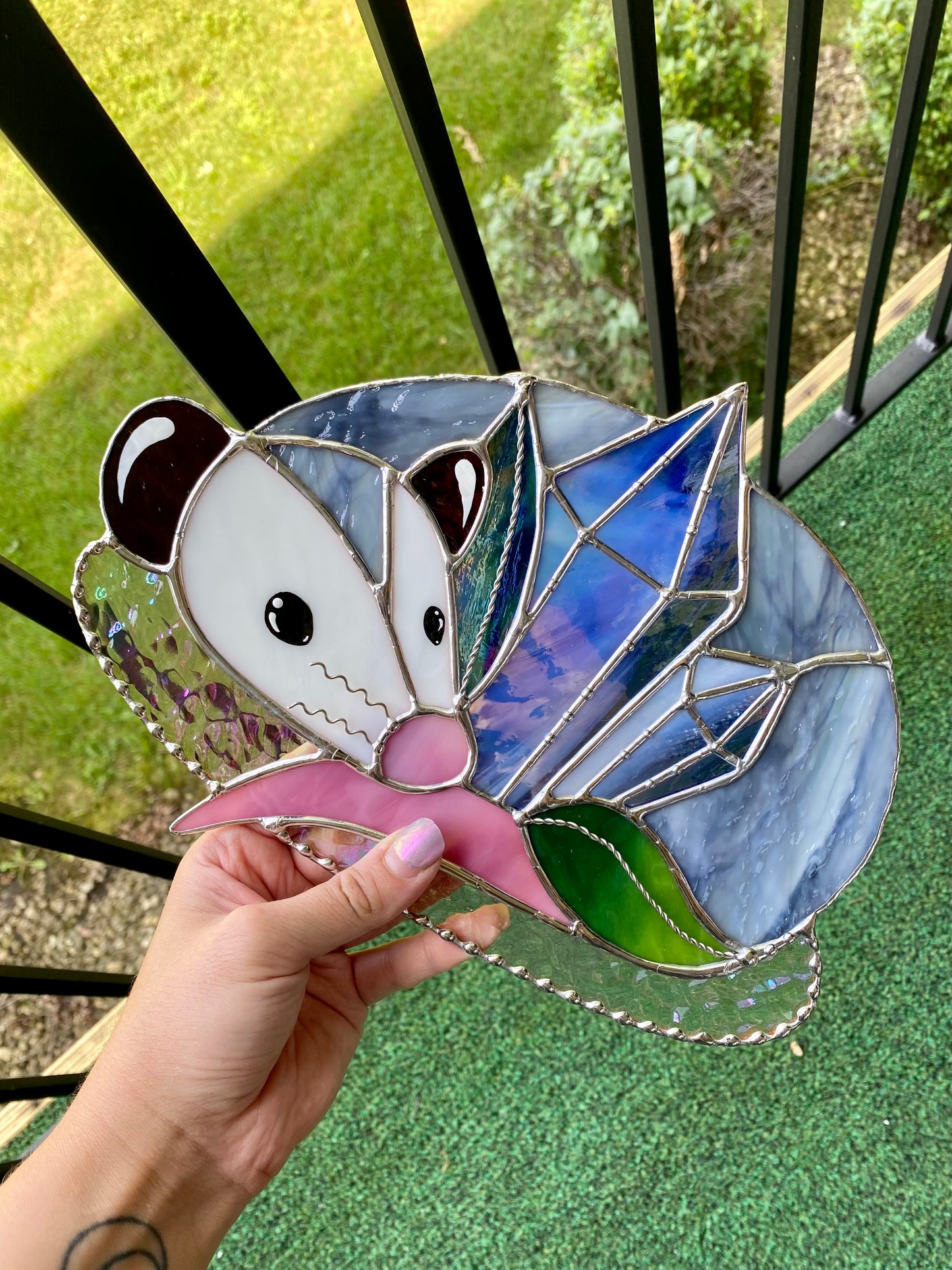 Blue Crystal Guardian Opossum Stained Glass Suncatcher