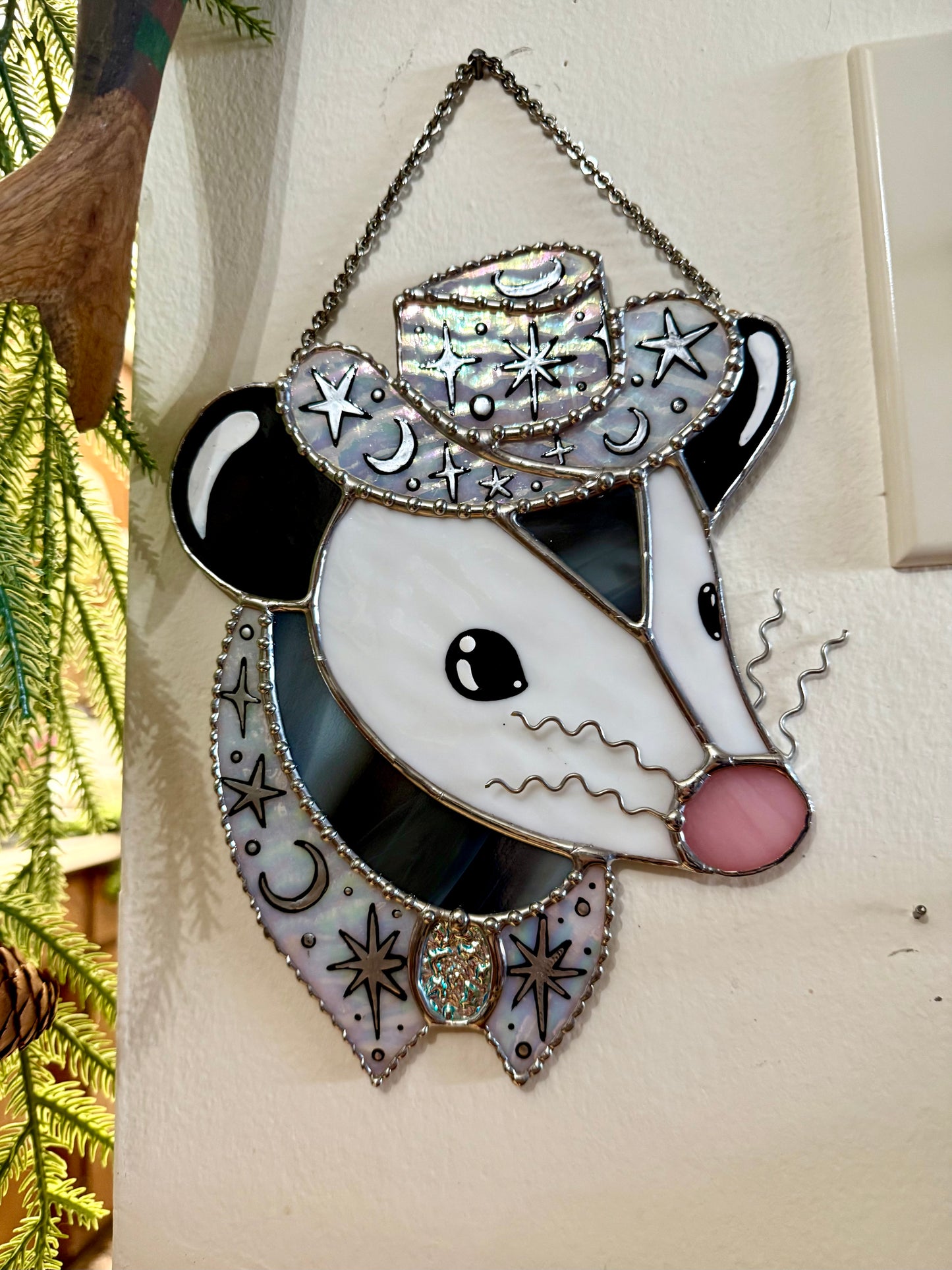 Silver Starlight Opossum Stained Glass Artwork