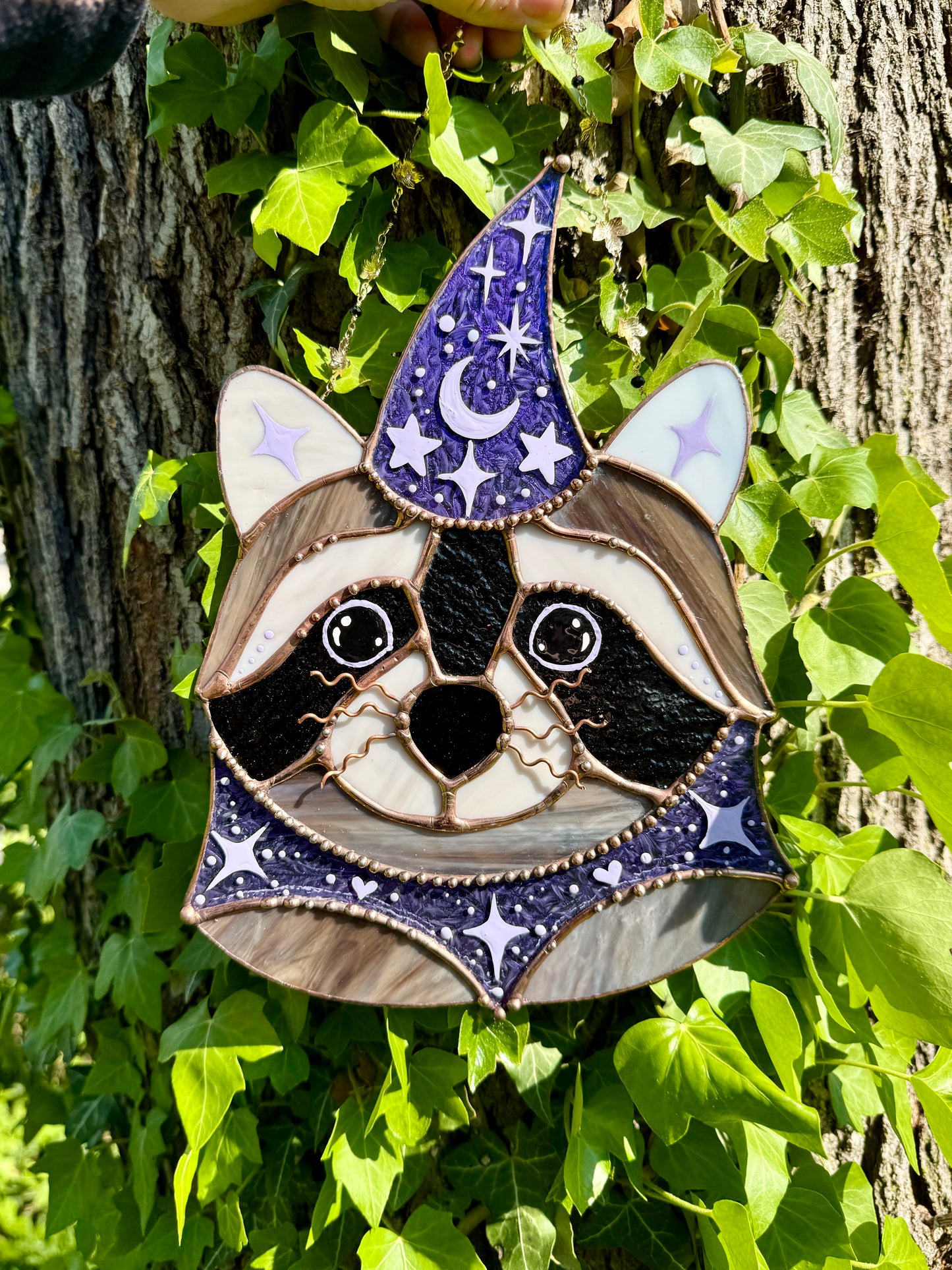 Purple Celestial Wizard Raccoon Stained Glass Suncatcher