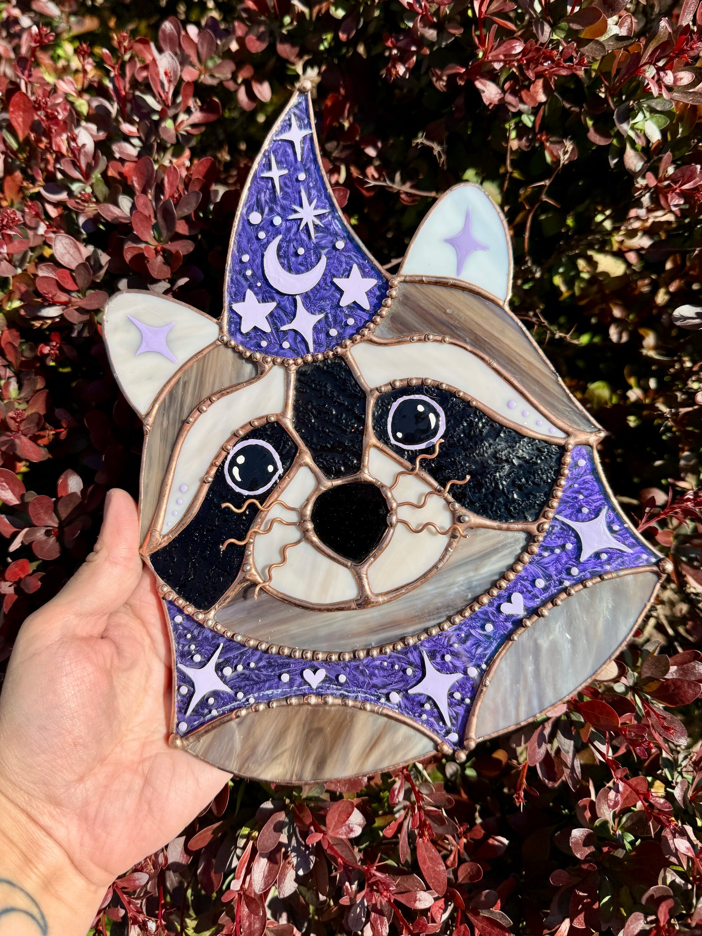 Purple Celestial Wizard Raccoon Stained Glass Suncatcher