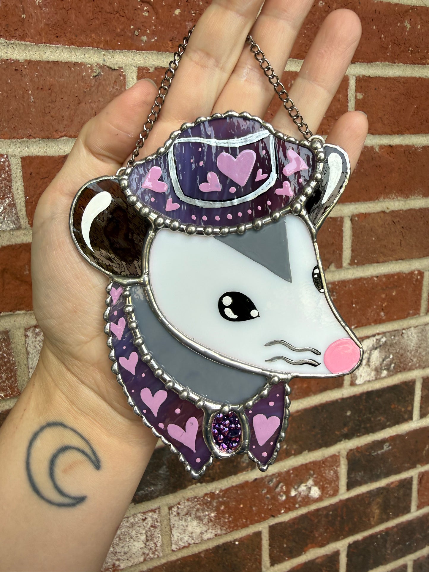 Purple Hearts Cowboy Opossum Stained Glass Suncatcher