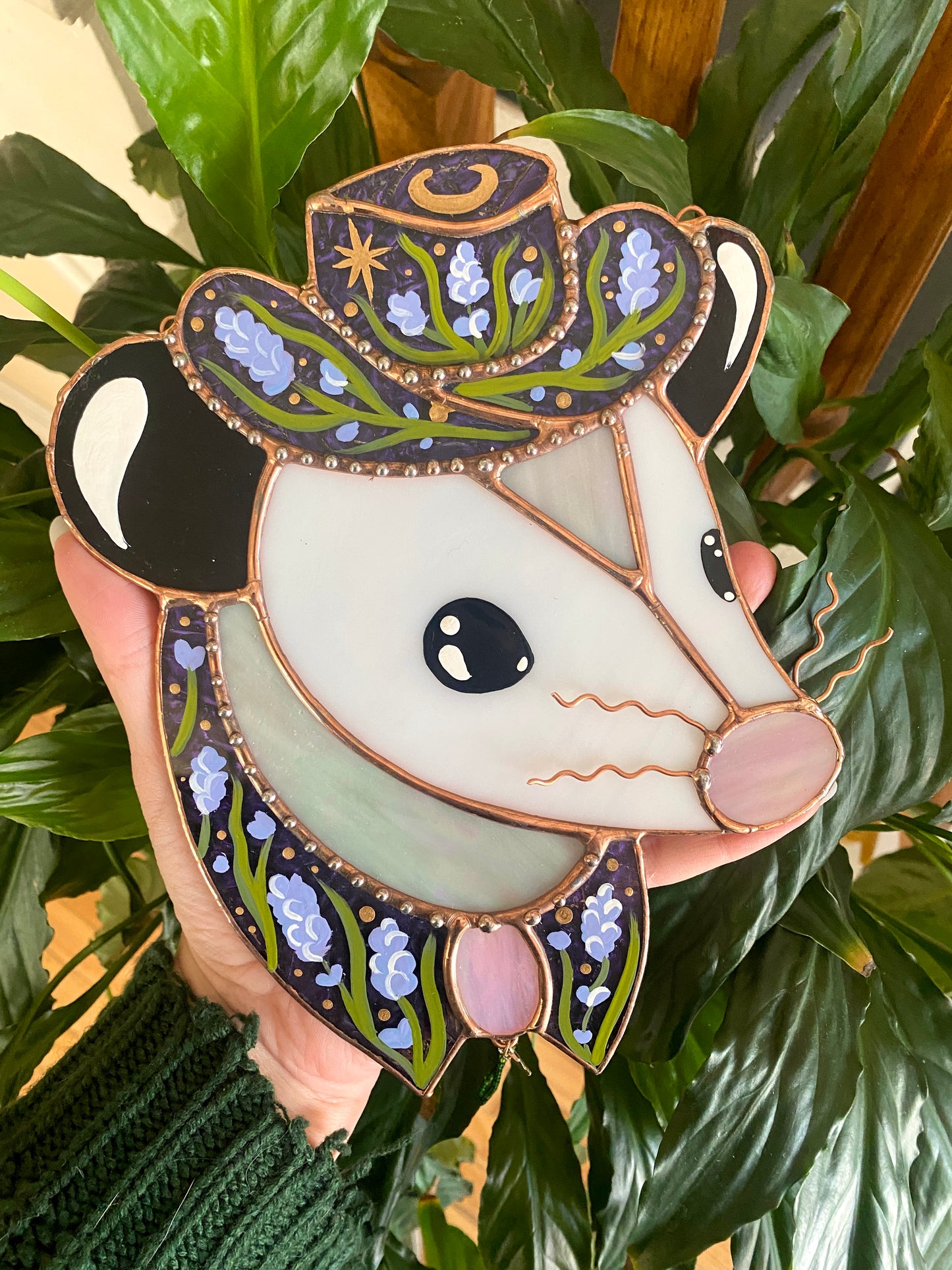 Lavender Cowboy Opossum Stained Glass Suncatcher