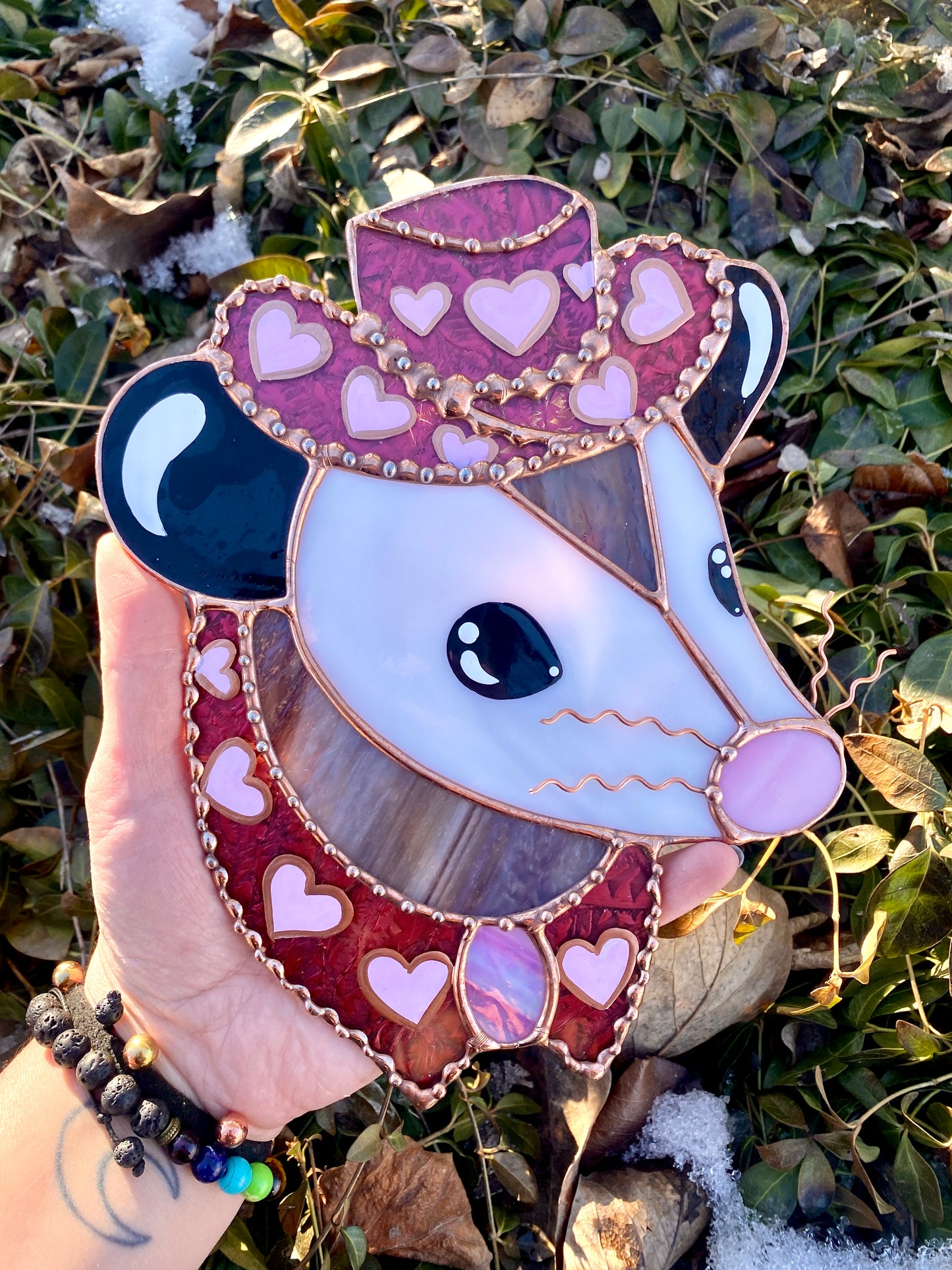 Pink Pony Opossum Stained Glass Suncatcher
