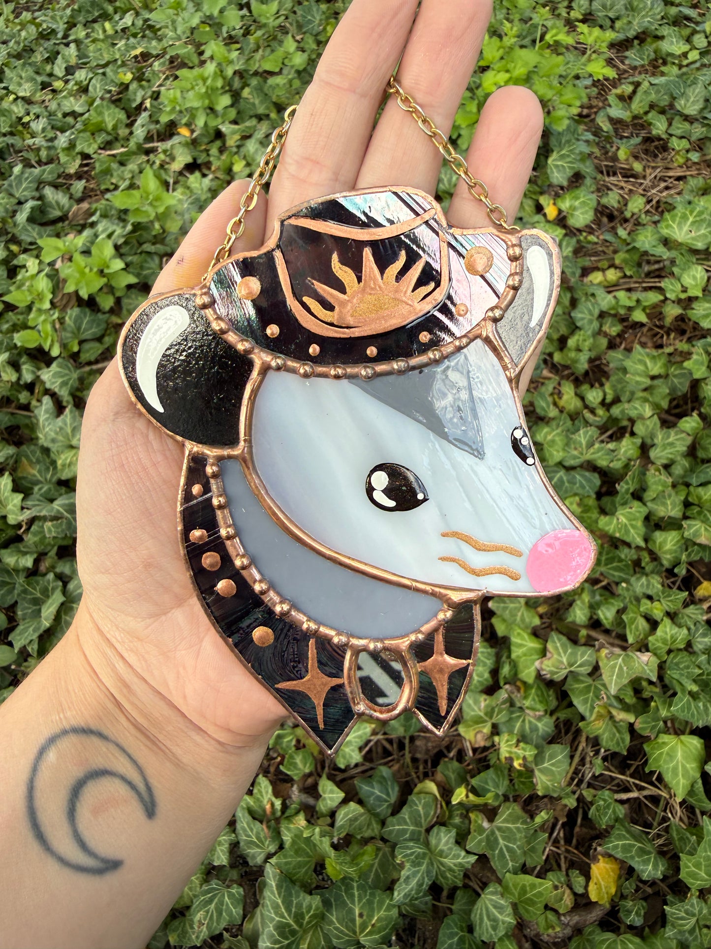 Mini Black Iridescent Cowboy Opossum Mini Stained Glass Suncatcher