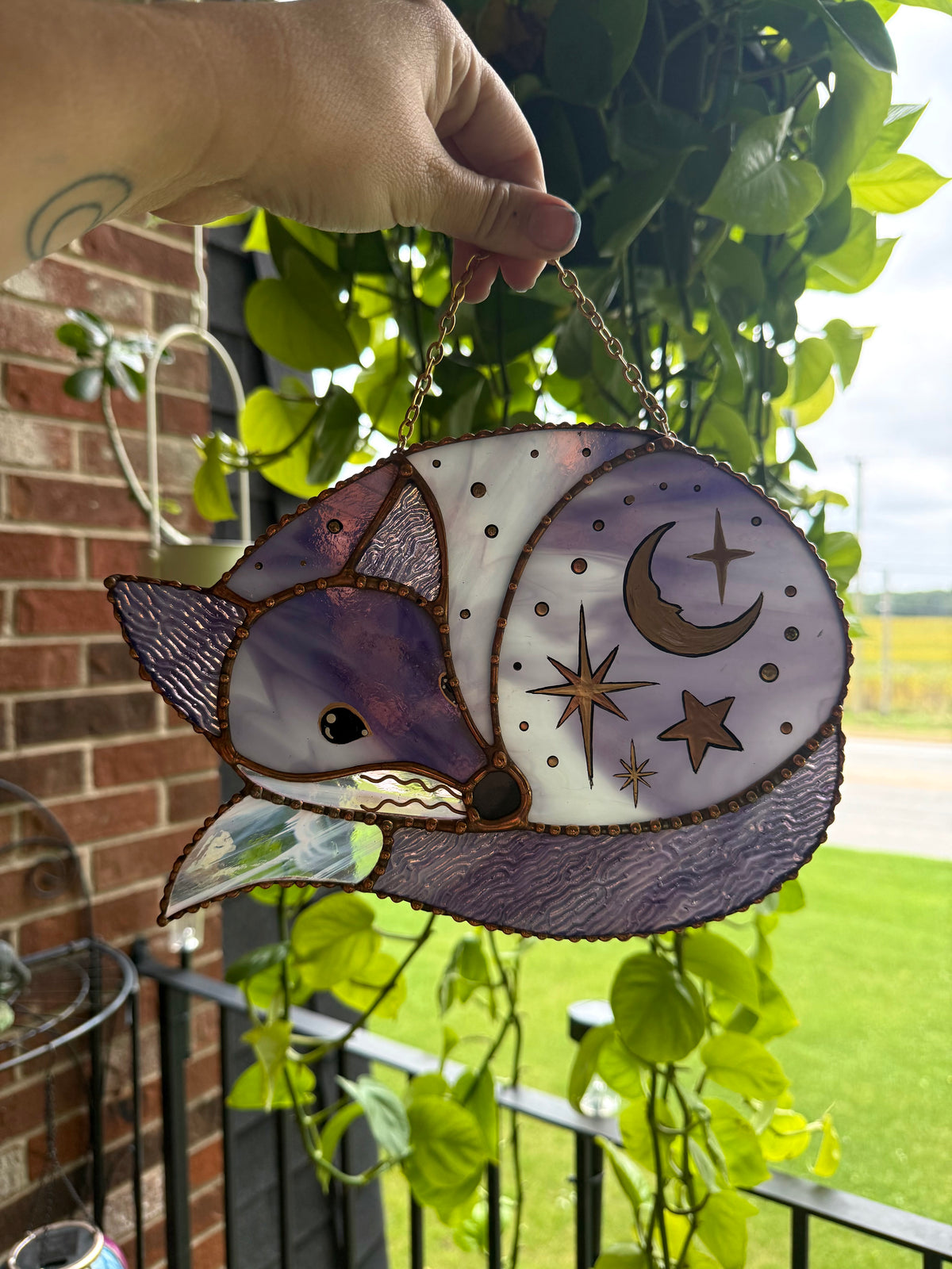 Large Celestial Purple Fox Stained Glass Suncatcher