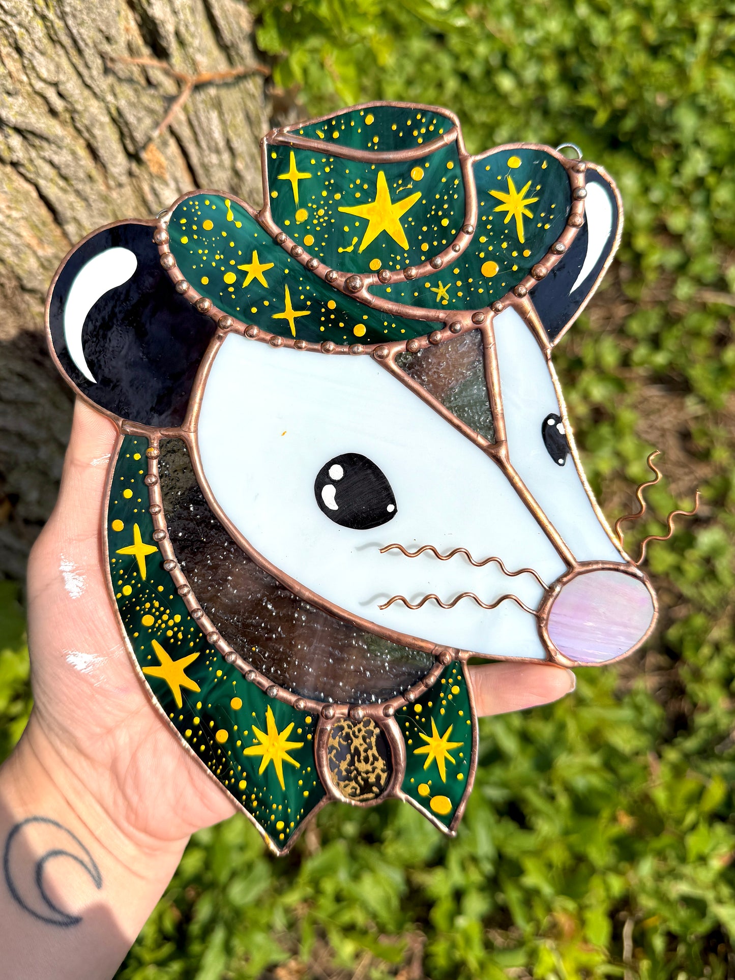 Green Whimsy Star Cowboy Opossum Stained Glass Suncatcher
