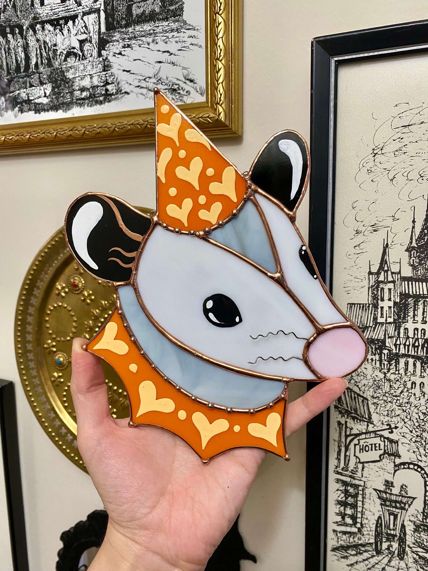 Orange Lovely Opossum Stained Glass Suncatcher
