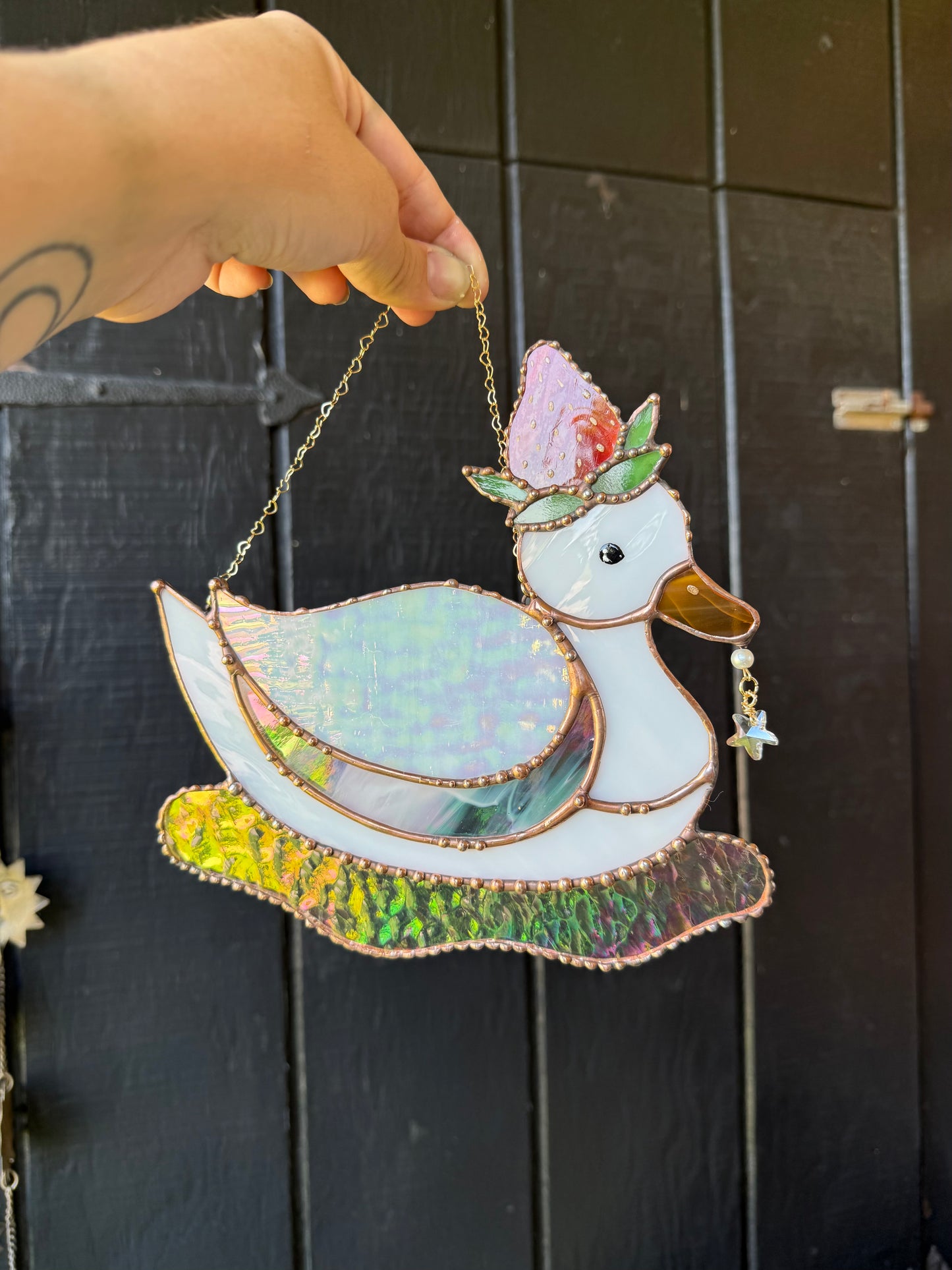 Iridescent Strawberry Duck Stained Glass Suncatcher