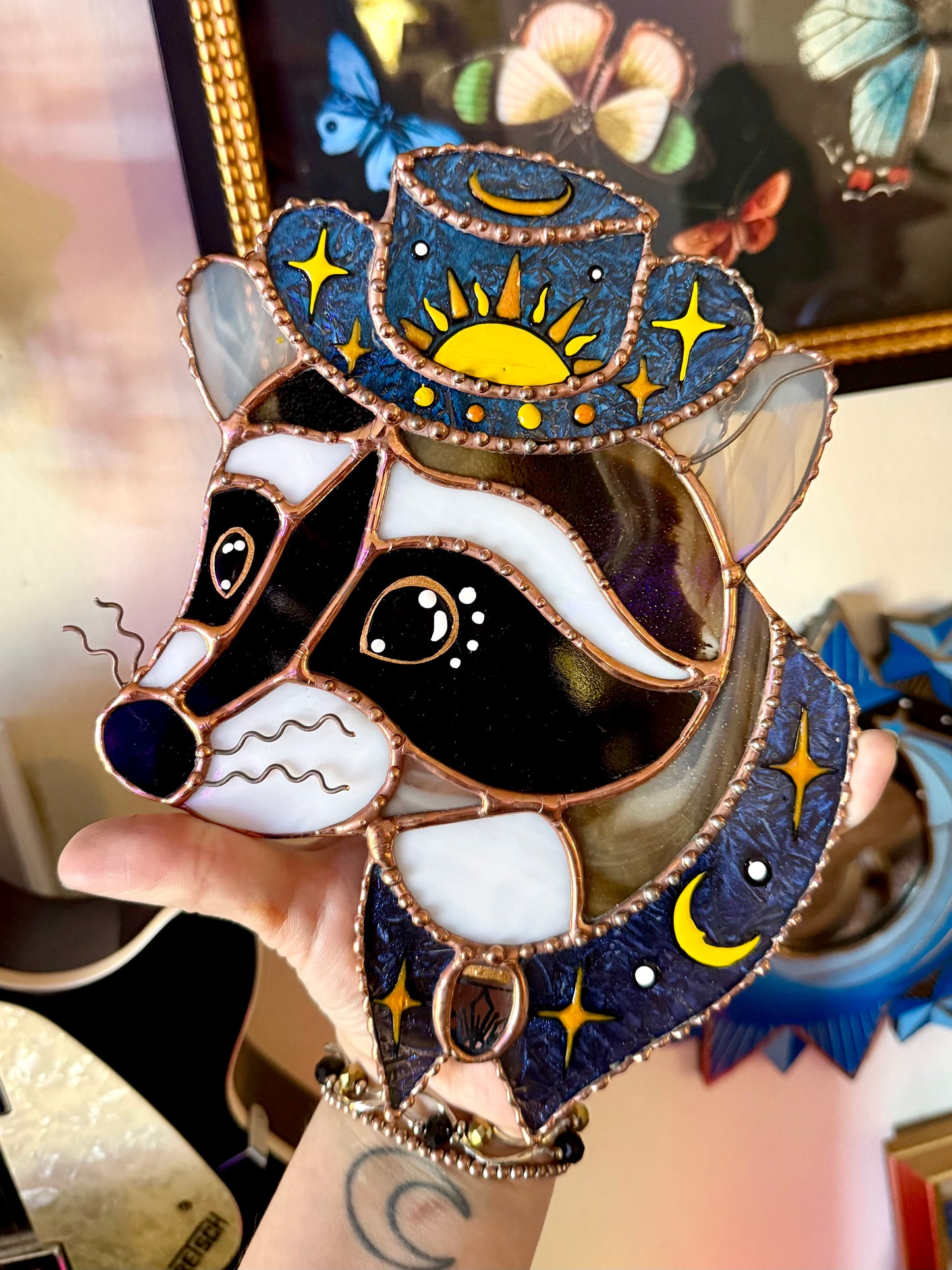 Blue Whimsy Cowboy Raccoon Stained Glass Artwork