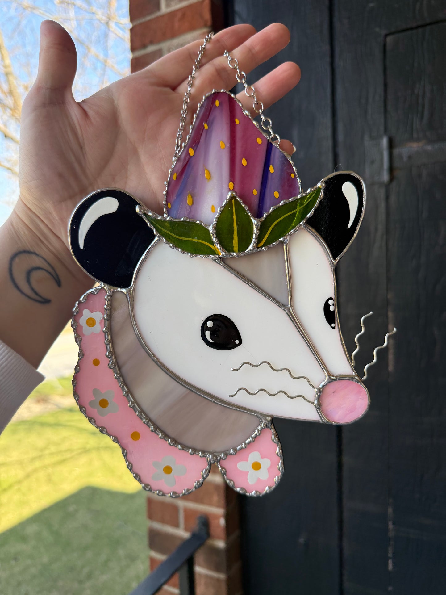 Pink Strawberry Opossum Stained Glass Suncatcher