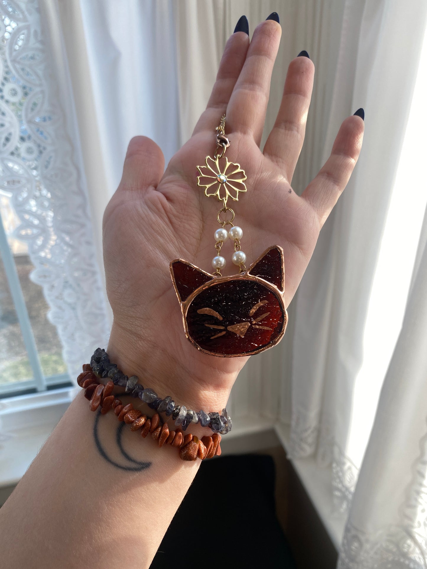 Brown Cat Stained Glass Charm