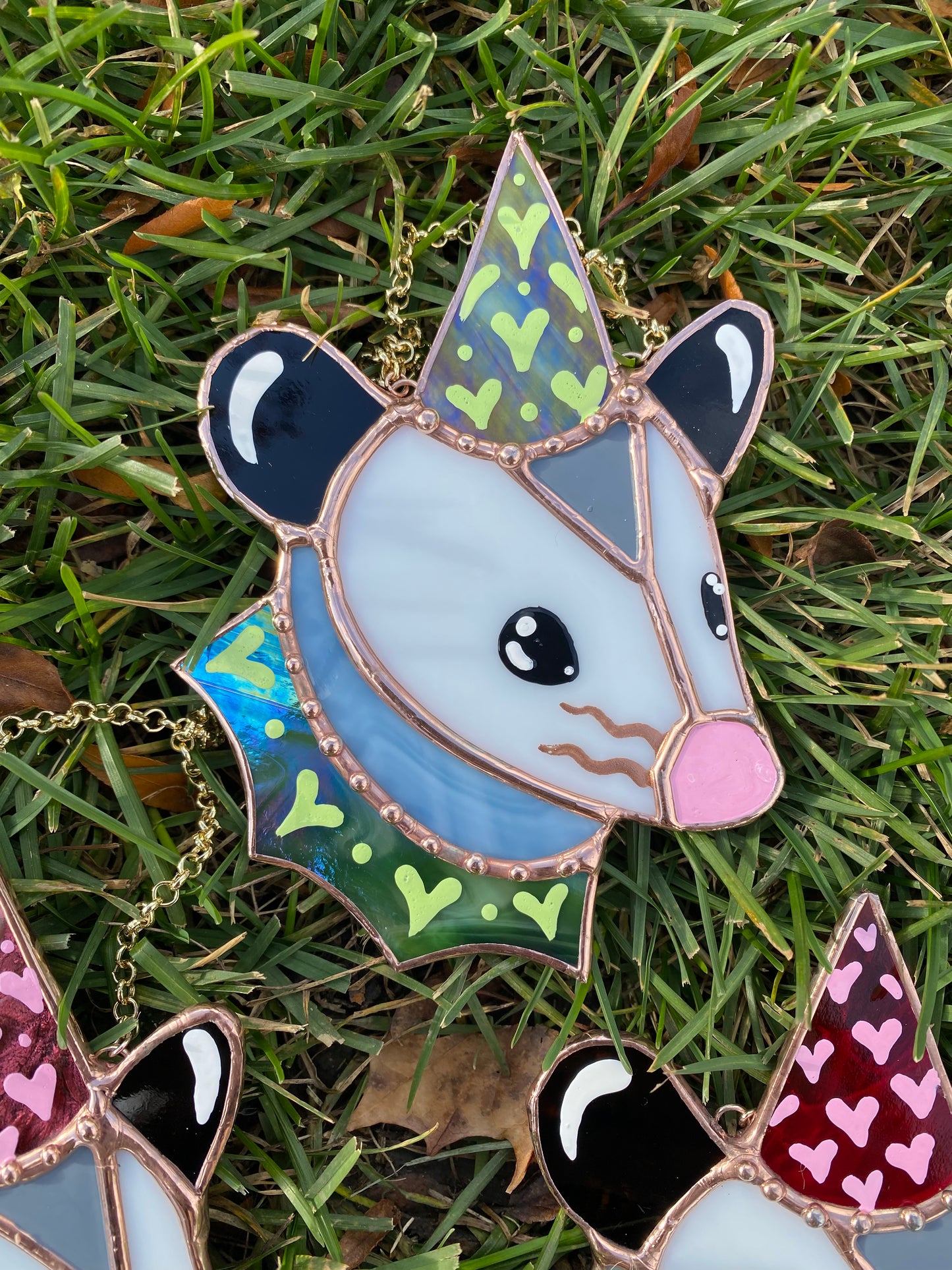Green Iridescent Heart Opossum Stained Glass Ornament