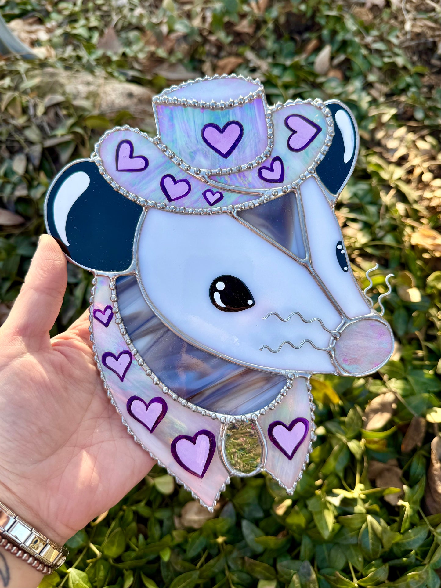 Iridescent Heart Cowboy Opossum Stained Glass