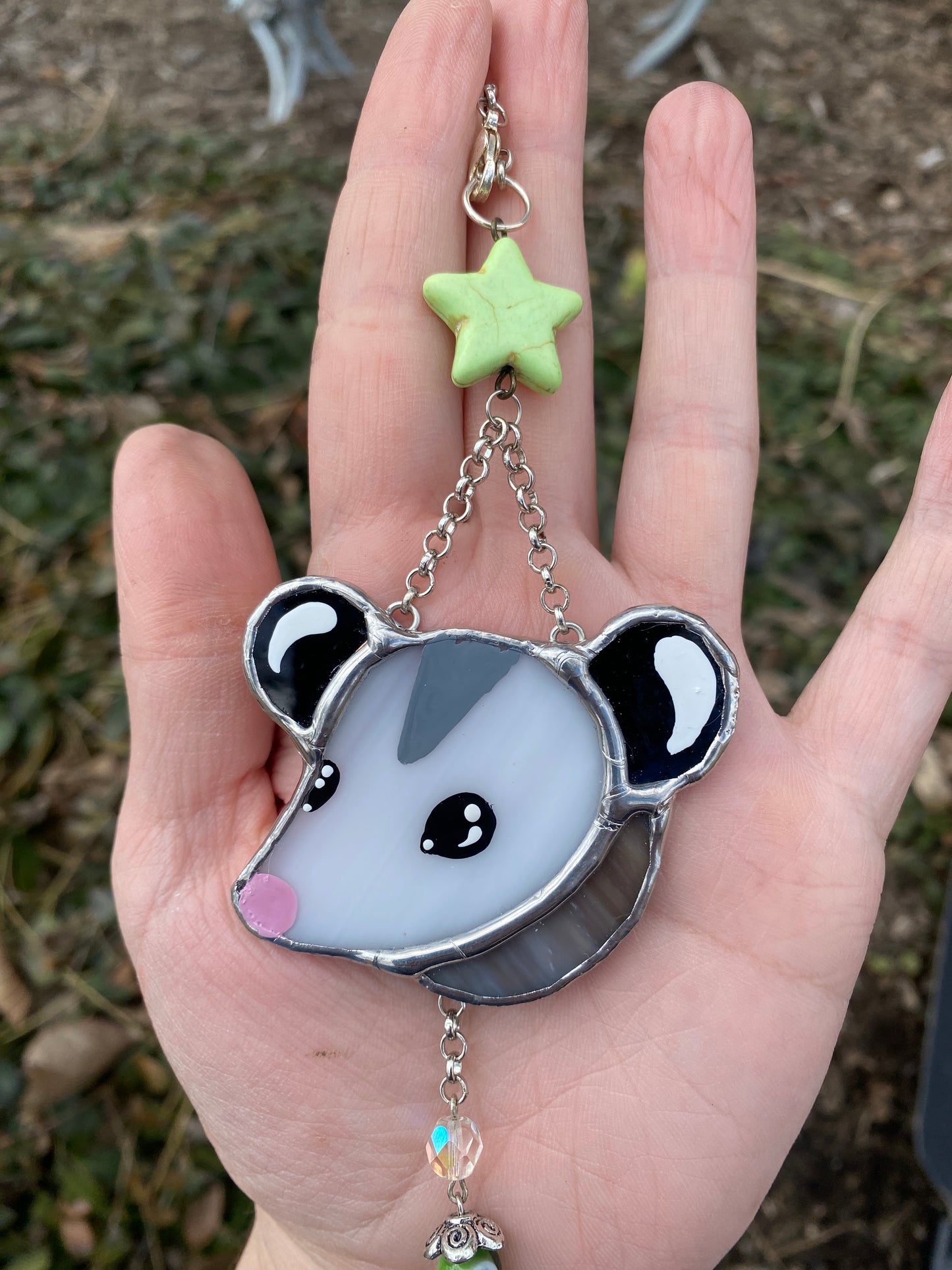 Green Star Opossum Stained Glass Charm