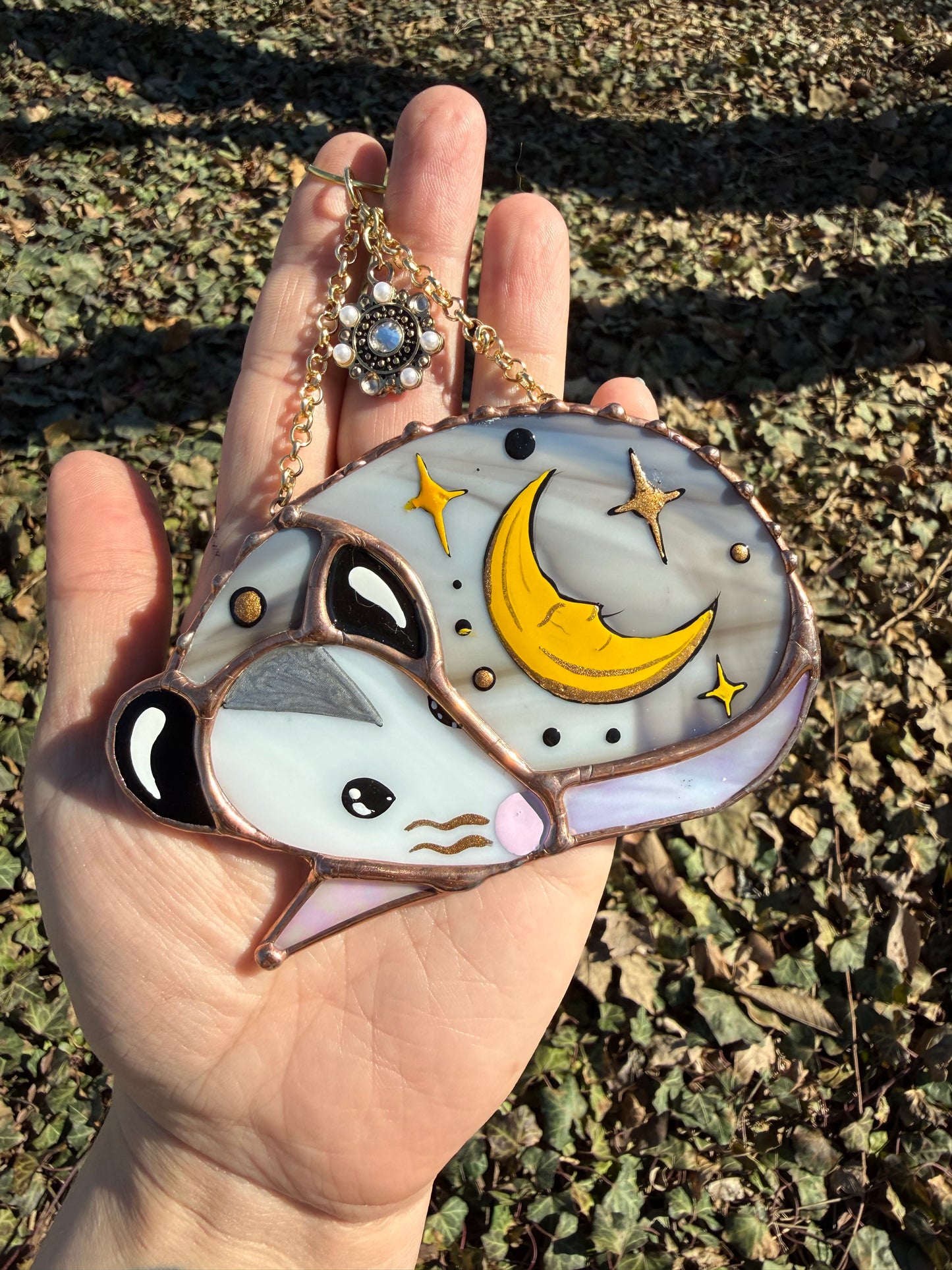 Sleepy Gold Moon Opossum Stained Glass Mini
