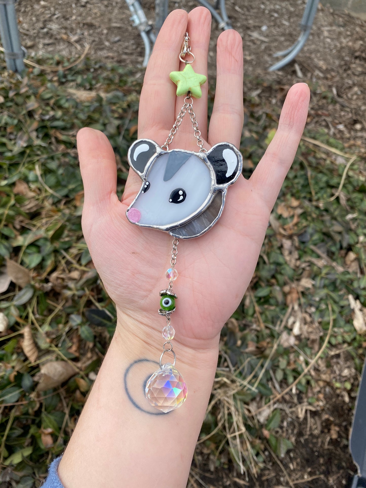 Green Star Opossum Stained Glass Charm