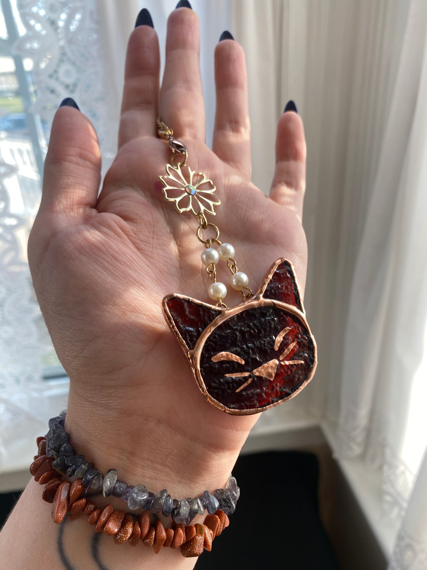 Brown Cat Stained Glass Charm