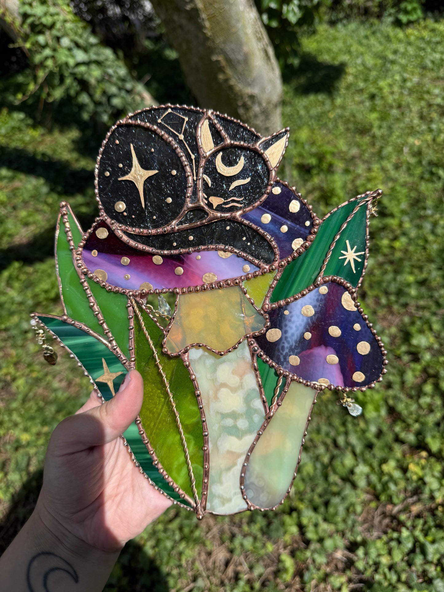 Large Mushroom Cat Stained Glass Suncatcher