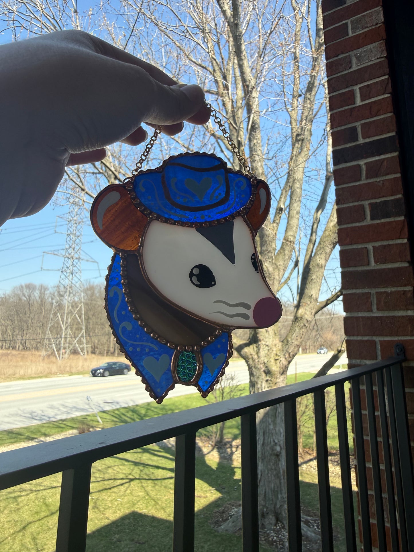 Blue Heart Cowboy Opossum Mini Stained Glass Suncatcher