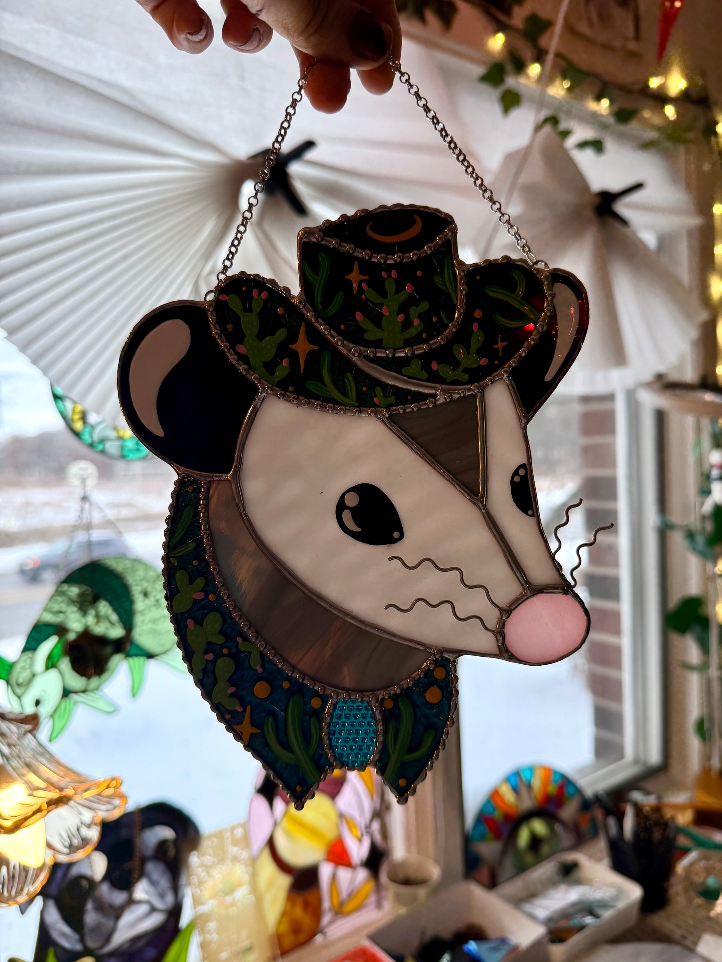 Cactus Cowboy Opossum Stained Glass Suncatcher